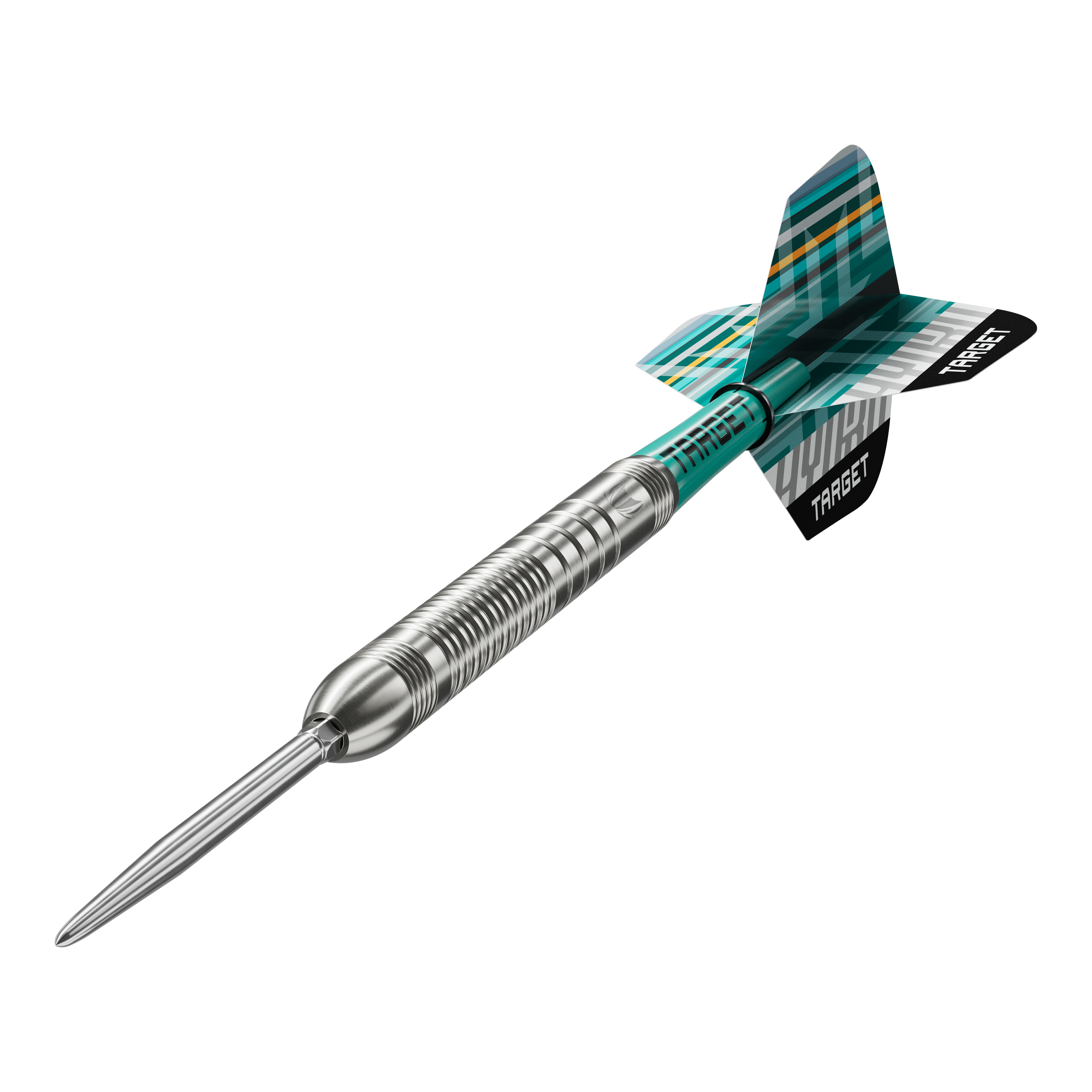 Target Hydro 03 Swiss Point steel darts Die Target Hydro 03 Swiss Point Steeldarts sind auf dem Bild zu sehen. Die Nahaufnahme hebt die Details der Darts hervor.