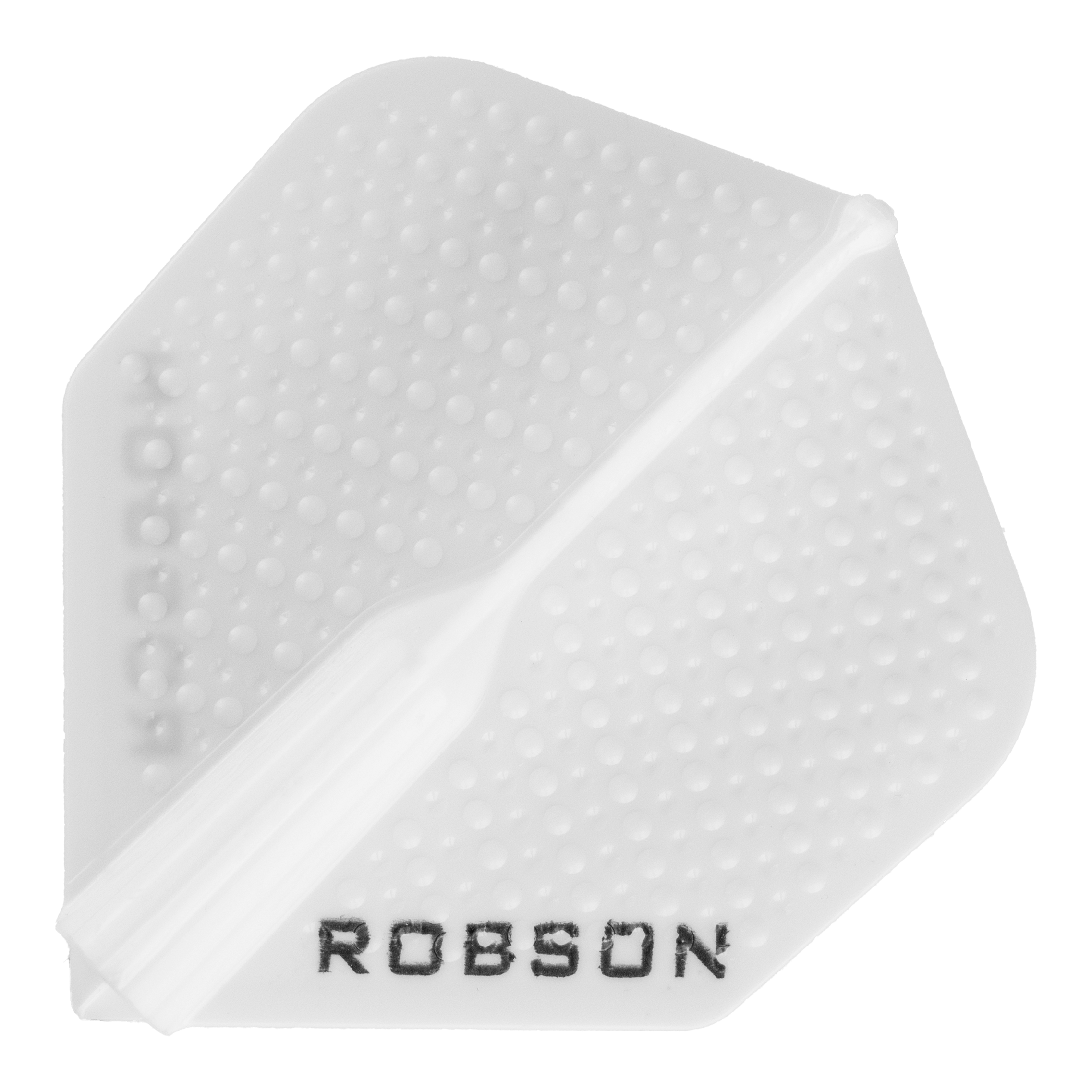 Robson Plus Dimple Flights - Weiß Das Bild zeigt einen weißen Robson Plus Dimple Flight für Dartpfeile. Auf dem Flight ist die Marke "ROBSON" in schwarzen Buchstaben zu sehen.
