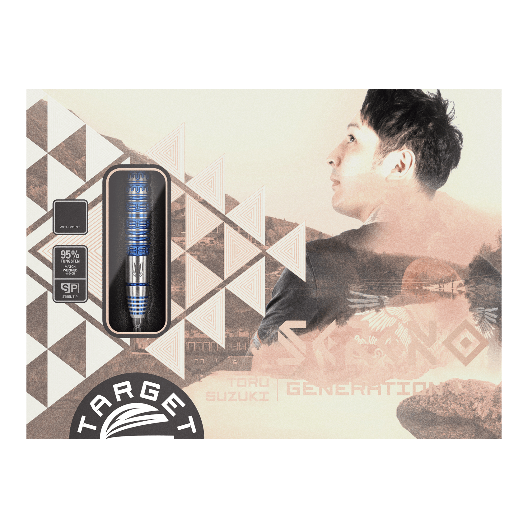Target Japan Toru Suzuki Sereno GEN1 Swiss Point Steeldarts - 21g Die Verpackung zeigt die Steeldarts "Target Japan Toru Suzuki Sereno GEN1 Swiss Point" mit einem Gewicht von 21g. Auf der rechten Seite ist eine Porträtaufnahme eines Mannes abgebildet.