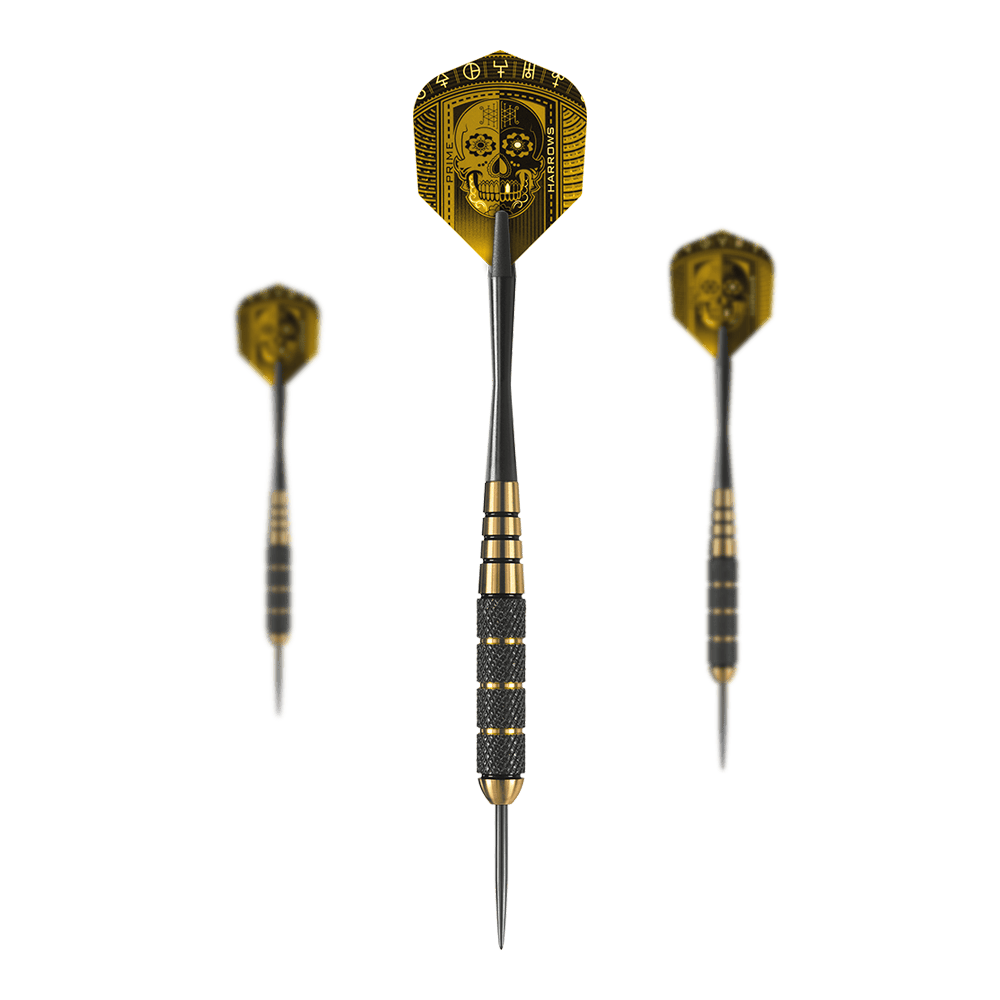 Harrows Voodoo Brass Steel Darts Das Bild zeigt drei Harrows Voodoo Brass Steeldarts mit auffälligen schwarzen und goldenen Details. Auf den Flights ist ein Totenkopf-Muster abgebildet.