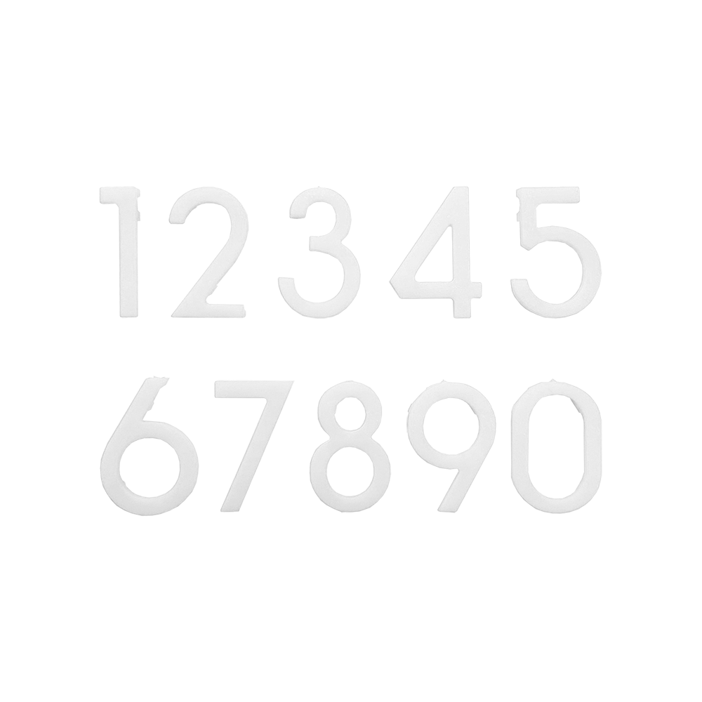 Ring-Weiss_McDart_Dartboard_Ersatz-Zahlenring_Ersatznummern_Weiss_4 Das Bild zeigt weiße Ersatz-Zahlen für ein Dartboard, von 0 bis 9. Es handelt sich um den "McDart Dartboard Ersatz-Zahlenring / Nummernring".