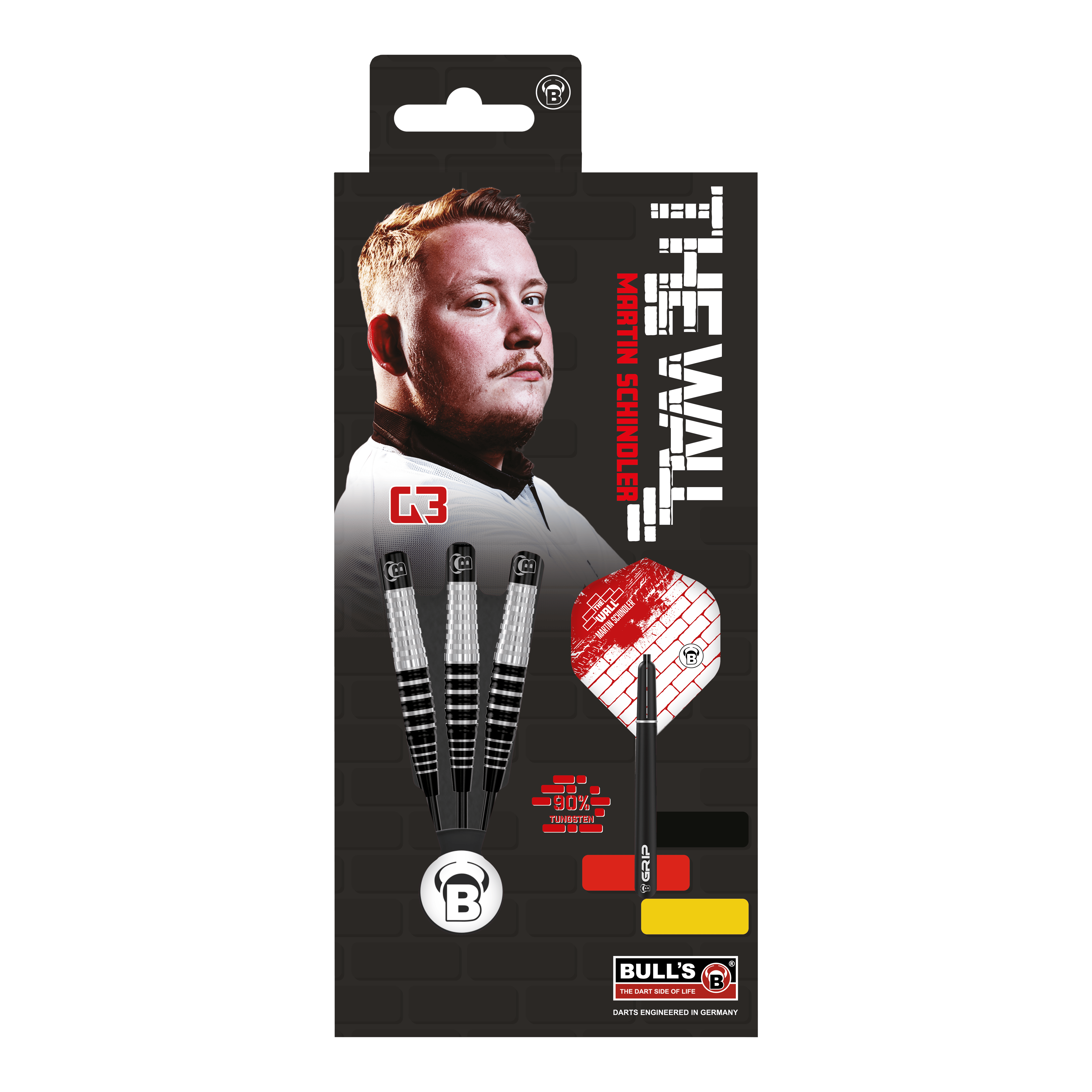 Auf dem Bild ist die Verpackung der "Bulls Martin Schindler Original Generation 3 Steeldarts" zu sehen. Auf der Verpackung sind ein Porträt von Martin Schindler und drei Steeldarts abgebildet.