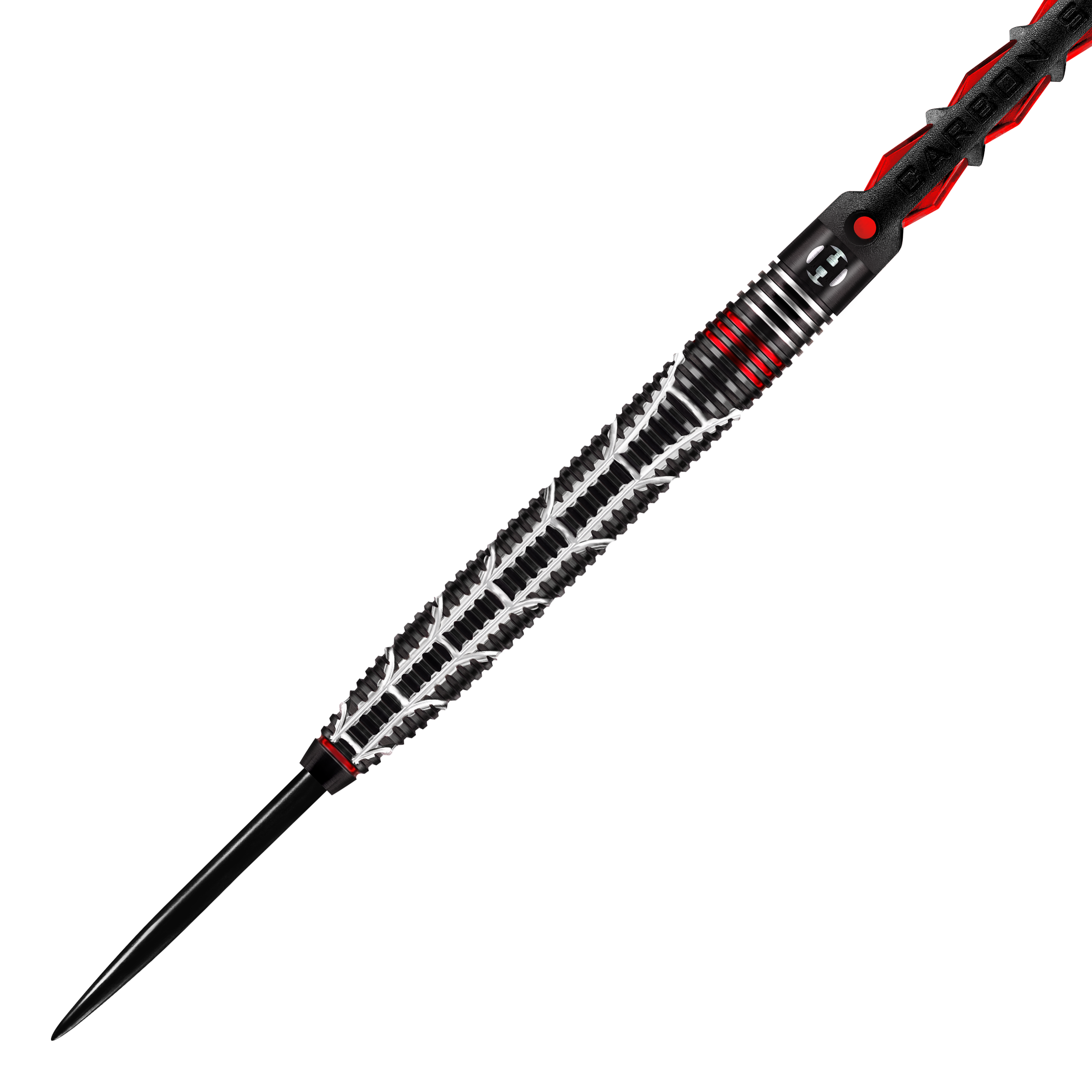 Harrows Atrax Steeldarts Das Bild zeigt einen modernen Steeldartpfeil mit schwarzem und silbernem Griffmuster. Rote Akzente und feine Gravuren verleihen dem Dart ein auffälliges Design.