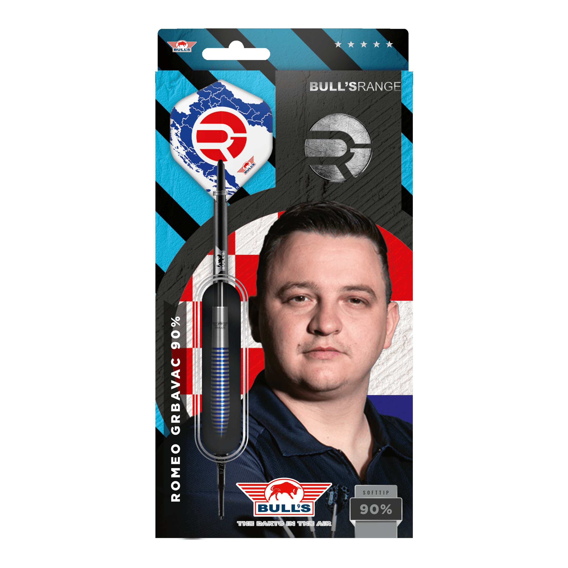 Bulls NL Romeo Grbavac soft darts - 19g Die Verpackung zeigt die Softdarts "Bulls NL Romeo Grbavac" mit einem Gewicht von 19g. Auf der Vorderseite ist auch das Bild eines Mannes und das Logo von Bulls abgebildet.