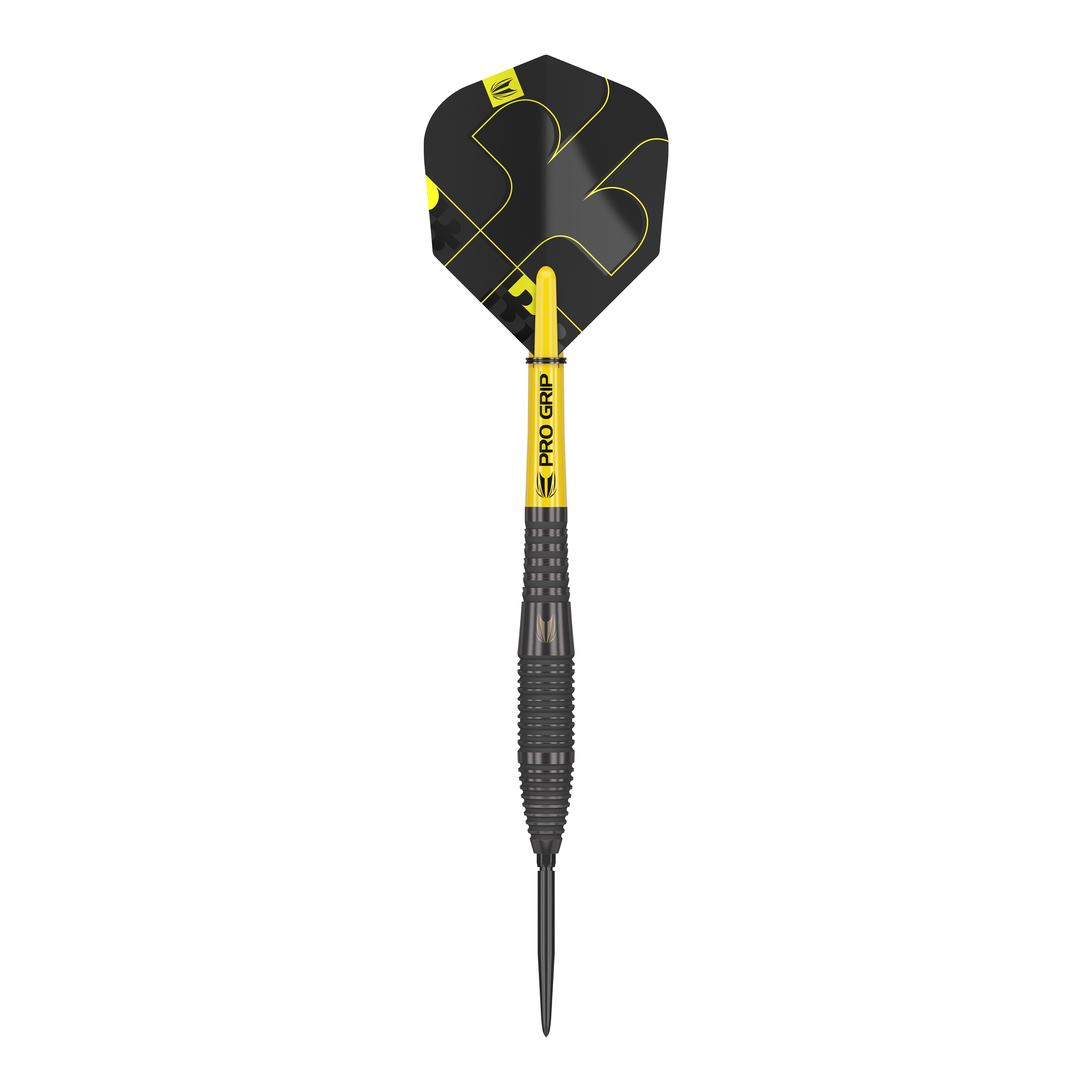 Target Bolide Void 05 Swiss Point steel darts Das Bild zeigt einen Target Bolide Void 05 Swiss Point Steeldart. Der Dartpfeil ist überwiegend schwarz mit gelben Akzenten und hat eine strukturierte Griffzone.