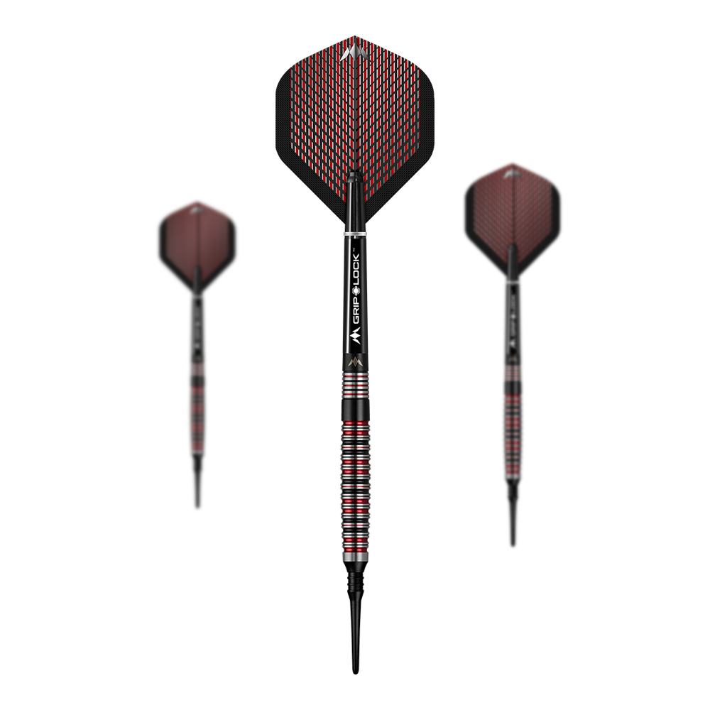Mission Red Dawn Model 3 Soft Darts - 20g Das Bild zeigt drei Softdarts des Modells Mission Red Dawn Model 3 mit einem Gewicht von 20g. Die Darts haben schwarze und rote Flights sowie silberne und rote Griffe.
