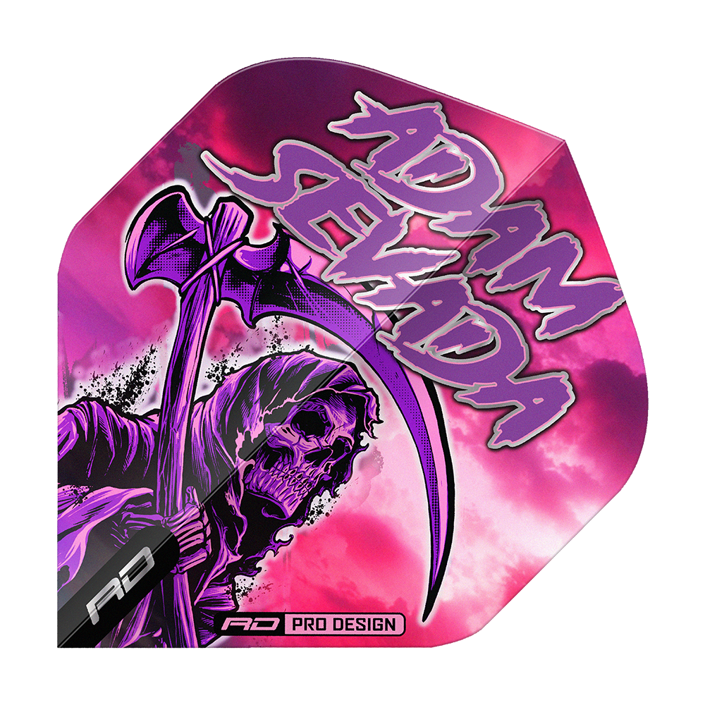 Das Bild zeigt das Produkt "Red Dragon Hardcore Adam Sevada Premium No2 Standard Flights". Auf dem Flight ist ein düsteres Sensenmann-Motiv vor einem pink-violetten Hintergrund mit dem Schriftzug "Adam Sevada" zu sehen.