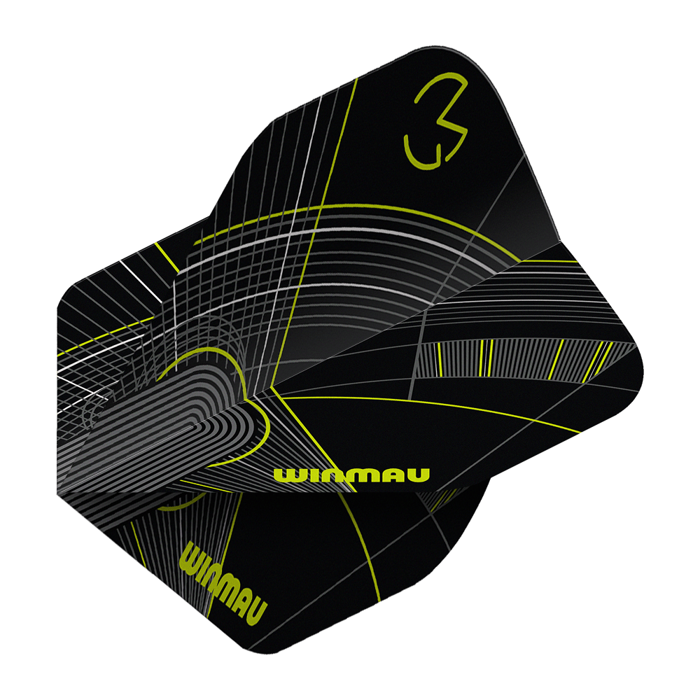 Das Bild zeigt die Winmau Prism Delta MvG Black Green No2 Standard Flights. Diese Dartflights sind in Schwarz und Grün gestaltet.
