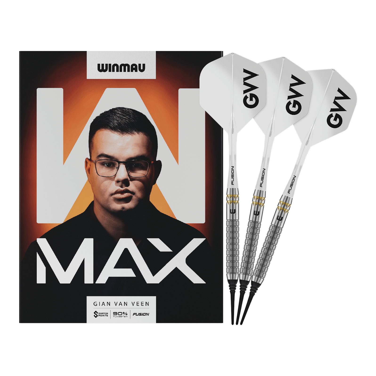 Winmau Gian Van Veen W-MAX soft darts - 18g Winmau Gian Van Veen W-MAX Softdarts - 18g werden vollständig dargestellt. Alle Details der drei Darts sind sichtbar.