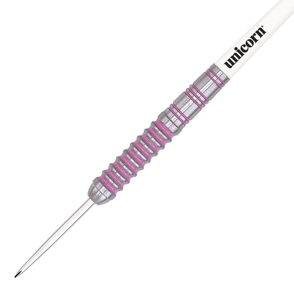 06020_Unicorn_Autograph_Steeldarts_2 Dieses Bild zeigt einen Unicorn Autograph Steeldart. Der Dart hat einen silbernen Schaft mit pinken Ringen und einer weißen Oberseite mit dem Schriftzug "unicorn".