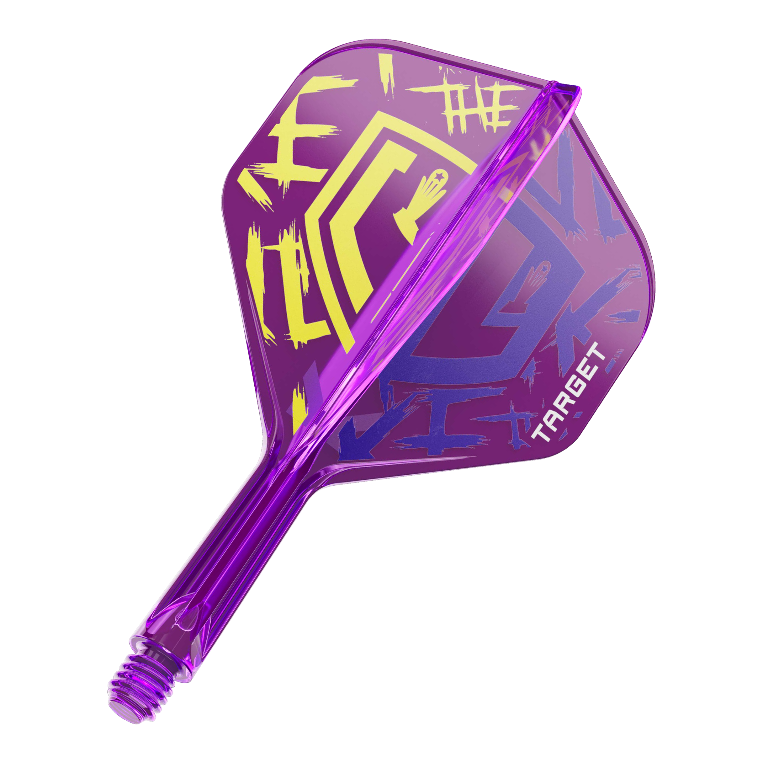 Das Bild zeigt einen lila Dartflight mit grafischen gelben und blauen Elementen. Auf dem Flight steht das Wort "TARGET" und es hat ein auffälliges, modernes Design.