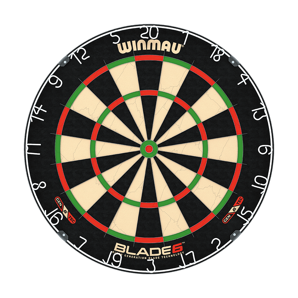 3033_Winmau_Blade_6_Steeldartboard_1 Das Bild zeigt eine Winmau Blade 6 Steeldartboard. Die Dartscheibe hat klassische schwarze, weiße, rote und grüne Felder mit gut sichtbaren Zahlen rundherum.