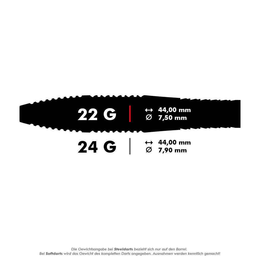 190063_Target_Bolide_05_Swiss_Point_Steeldarts_5_22g Das Bild zeigt die Maße der Target Bolide 05 Swiss Point Steeldarts. Die Darts sind in 22 g (44,00 mm lang, 7,50 mm Durchmesser) und 24 g (44,00 mm lang, 7,90 mm Durchmesser) erhältlich.