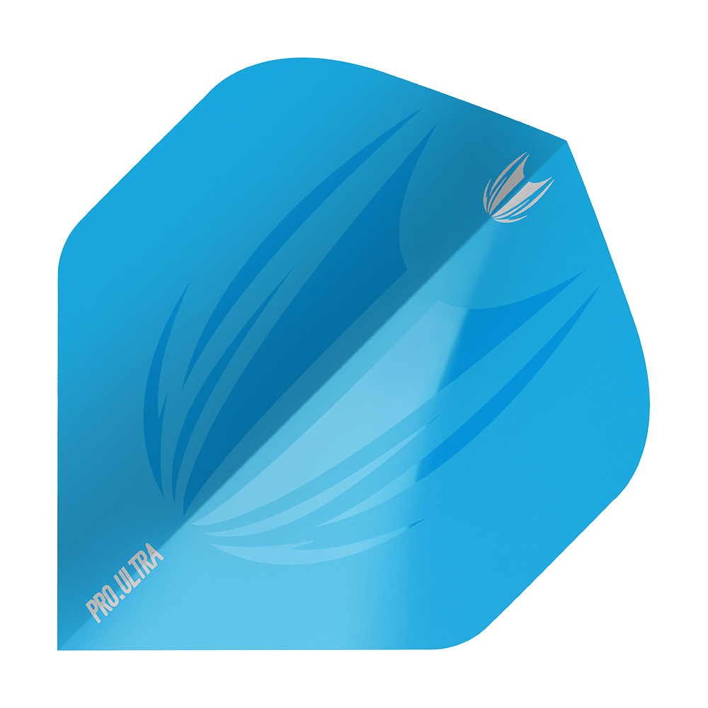 TG440_Target_ProUltra_ID_Lime_Blue_No2_Standard_Flights_1 Das Bild zeigt ein blaues Dart-Flight mit dem Namen "Target ProUltra ID Blue No2 Standard Flights". Auf dem Flight sind stilisierte Muster und die Aufschrift "PRO.ULTRA" zu sehen.