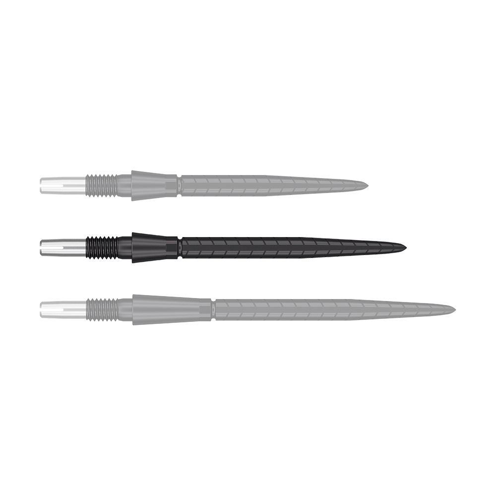 Target Swiss Storm Quartz Dart Tips - Black Das Bild zeigt drei schwarze Dartspitzen, die nebeneinander angeordnet sind. Die Spitzen haben einen silbernen Ansatz und sind länglich geformt.