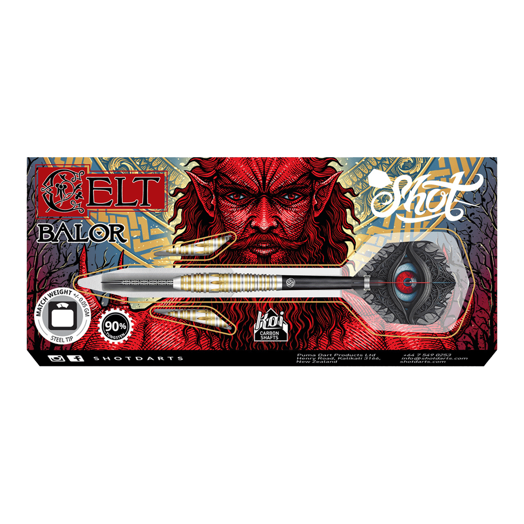 Shot Celt Balor Steeldarts Das Bild zeigt die Verpackung der "Shot Celt Balor Steeldarts". Im Hintergrund ist ein auffälliges, rotes Fantasy-Gesicht und kunstvolles Design zu sehen.