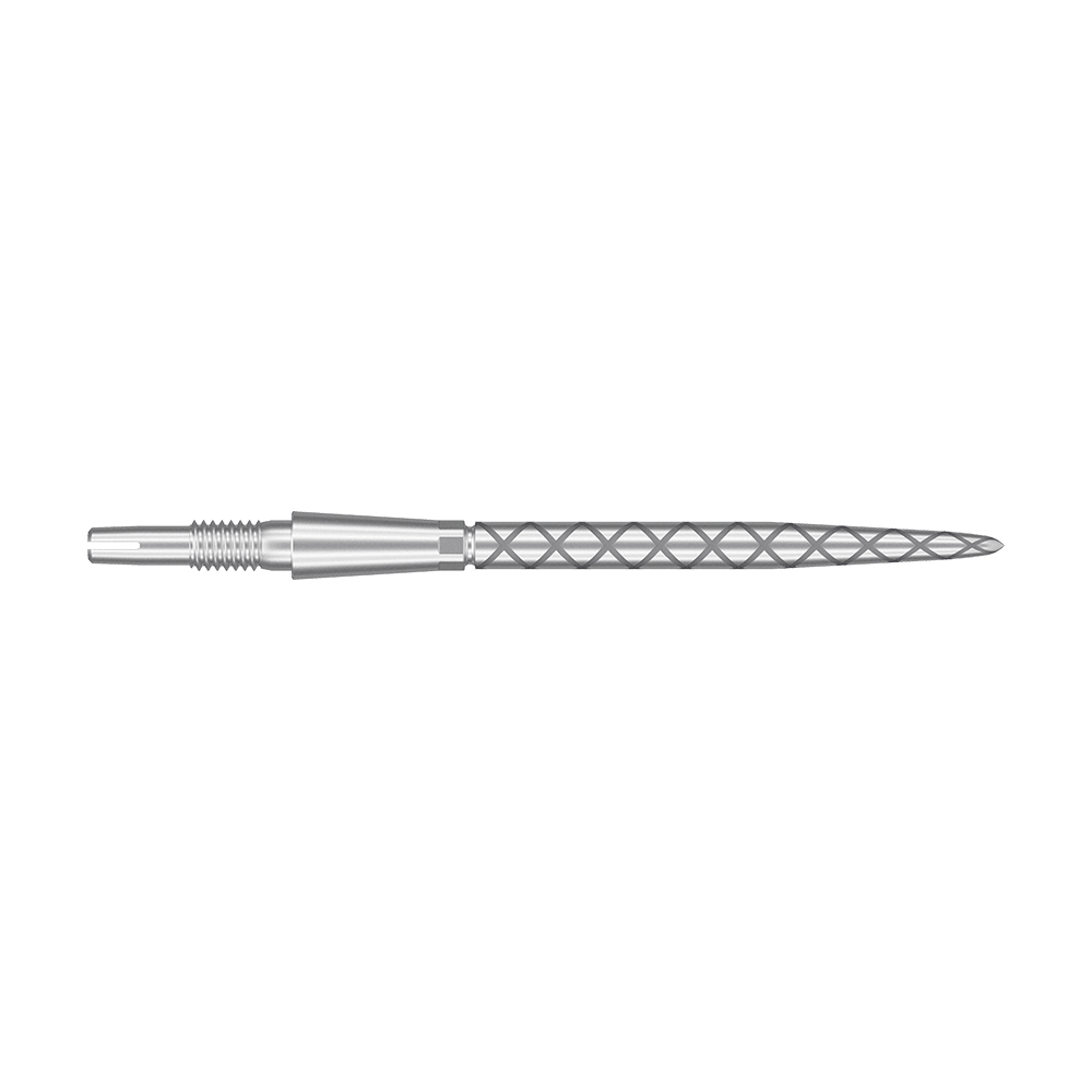 Target Swiss Storm Diamond Point Dart Tips - Silver Das Bild zeigt eine silberne Dartspitze mit einem rautenförmigen Muster. Die Spitze ist lang und schmal, mit feinen Rillen für besseren Halt.