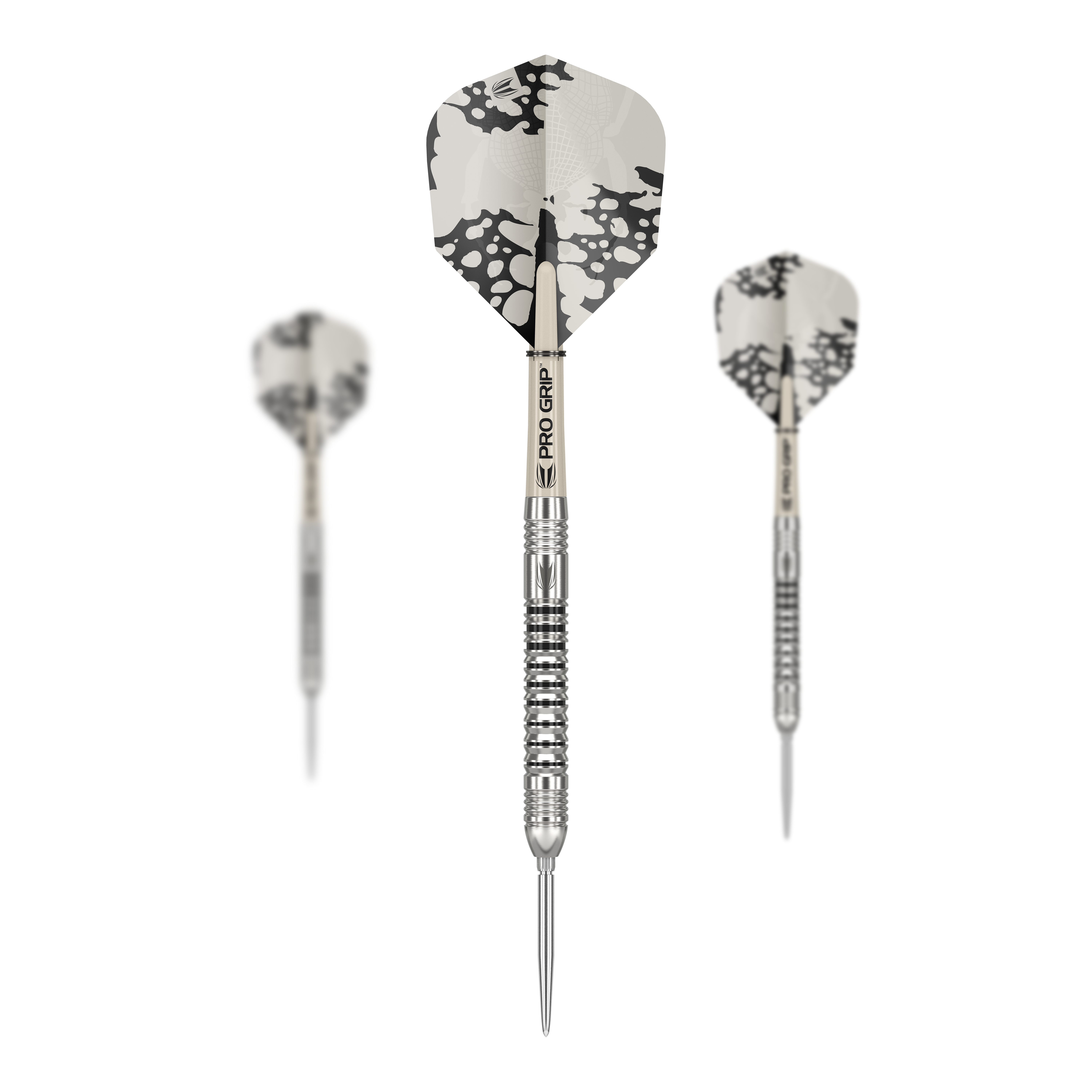 Target EXO SP03 Swiss Point steel darts Das Bild zeigt drei Steeldarts des Modells 'Target EXO SP03 Swiss Point'. Die Darts haben silberne Spitzen und einen schwarz-weißen Flug mit auffälligem Muster.