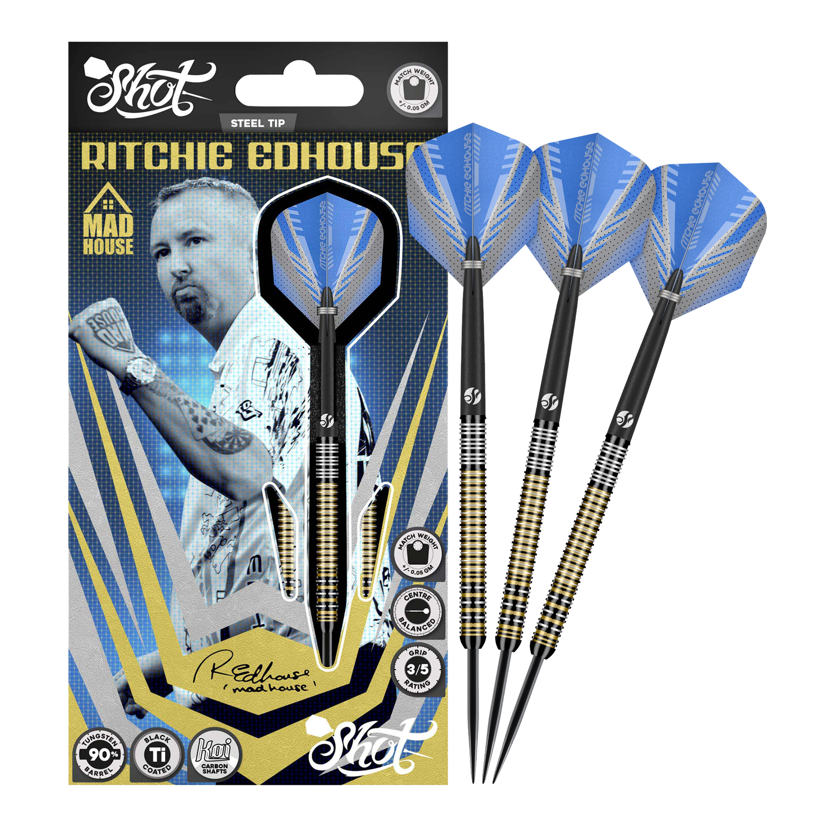 Shot Ritchie Edhouse Madhouse steel darts Das Bild zeigt die Shot Ritchie Edhouse Madhouse Steeldarts in voller Ansicht. Diese Darts zeichnen sich durch ihr einzigartiges Design aus.