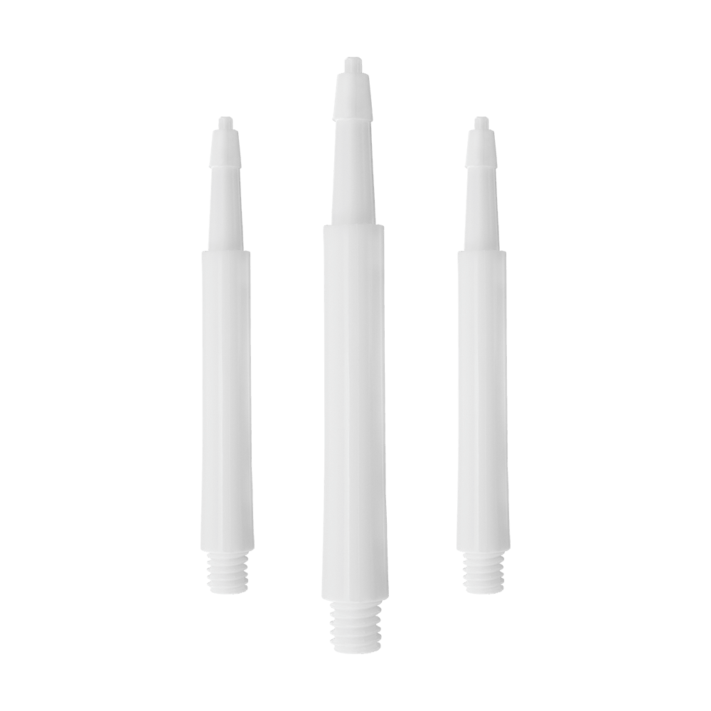 HRC12626W_Harrows_Clic_Standard_Shafts_Weiss_30mm_1WJNxTkqVRaEoq Das Bild zeigt drei weiße Harrows Clic Standard Shafts für Darts. Sie sind aus Kunststoff gefertigt und haben am unteren Ende ein Gewinde.