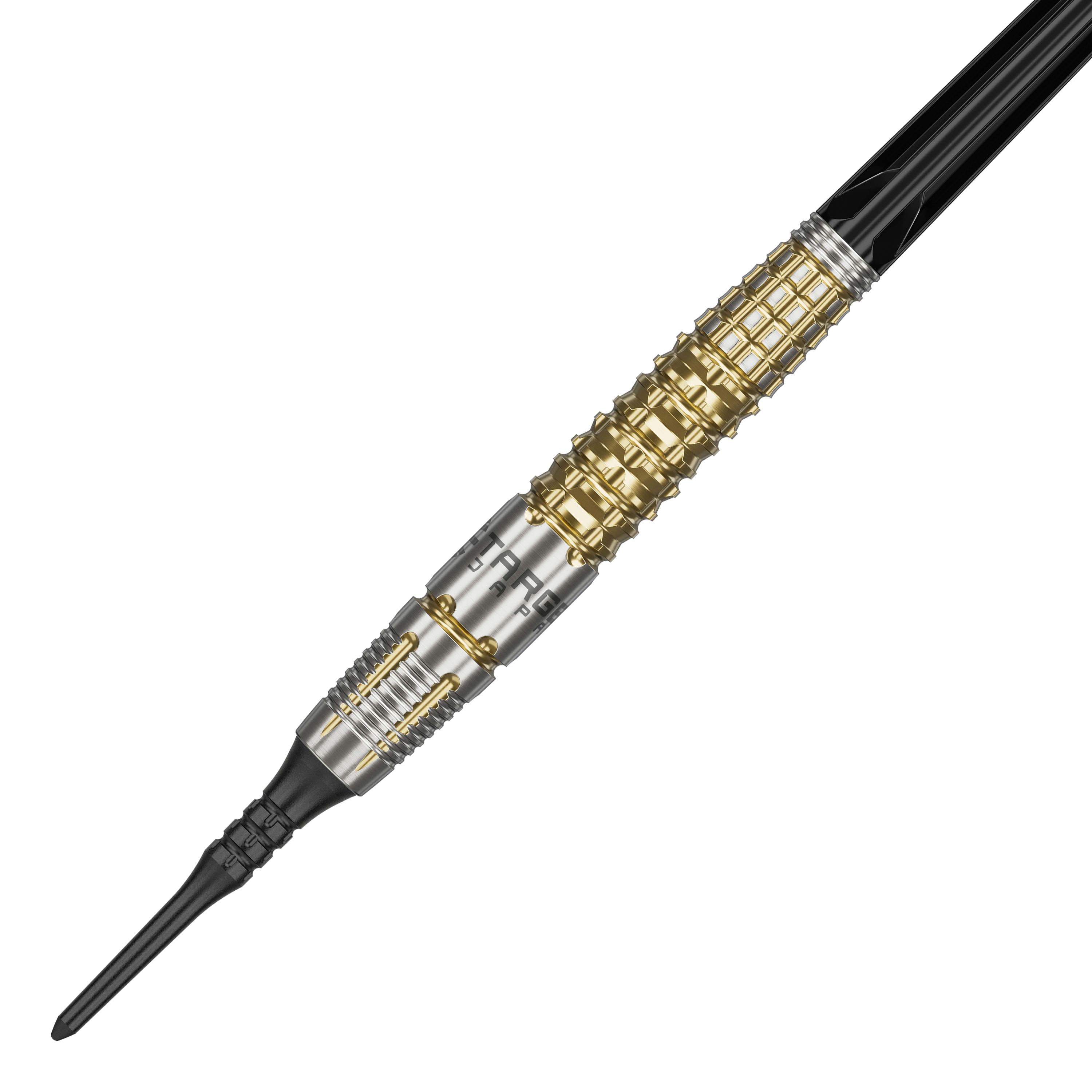 Target Japan Black Marque Warrior Soft Darts - 18.5g Das Bild zeigt einen Softdart namens "Target Japan Black Marque Warrior" mit einem Gewicht von 18,5g. Der Dart hat ein auffälliges Design mit goldenen und silbernen Elementen sowie einer schwarzen Spitze.