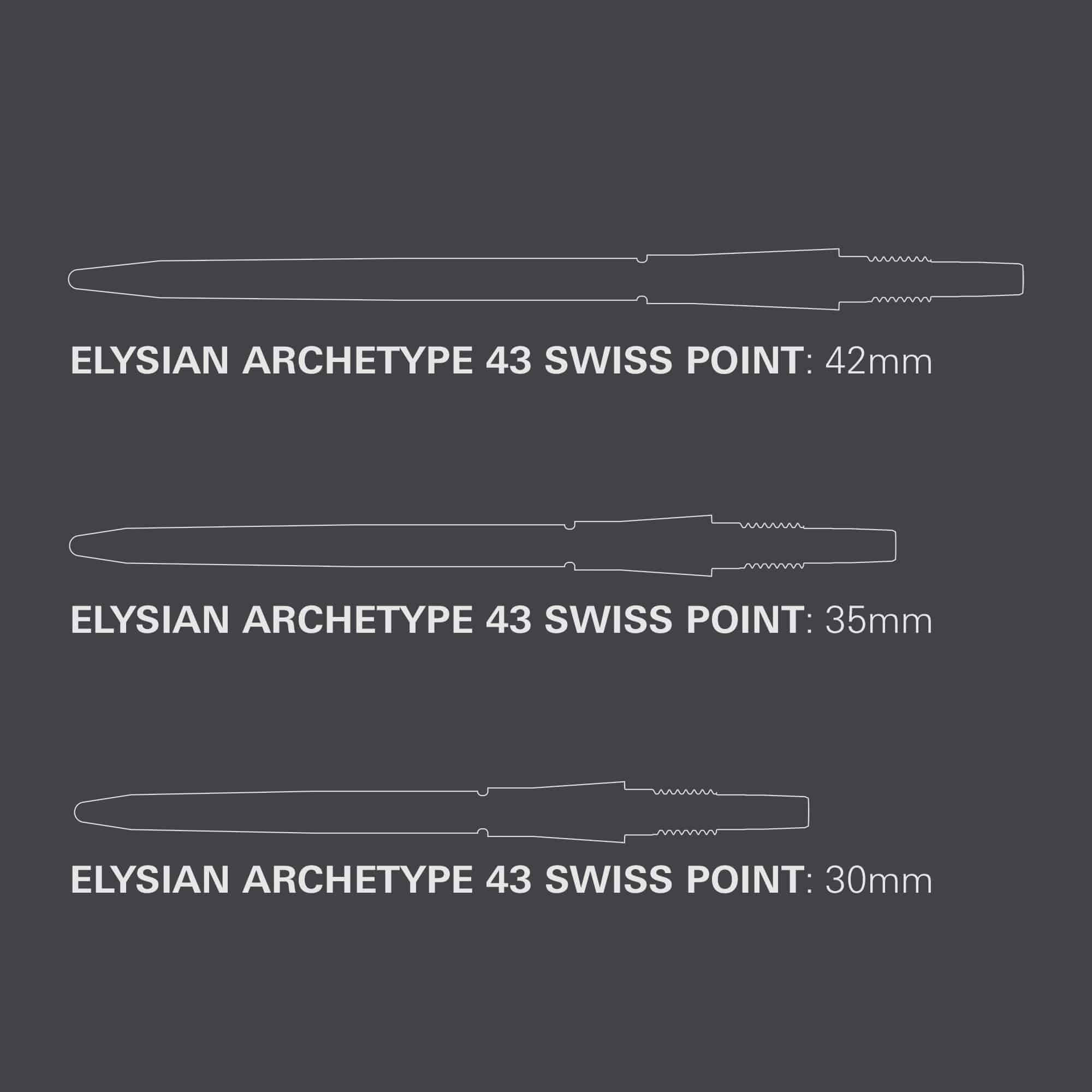 Target Elysian Archetype 43 Swiss Point Steel Dart Tips - Silver Target Elysian Archetype 43 Swiss Point Steeldartspitzen in Silber. Das Bild zeigt hochwertige Dartspitzen für Steel-Darts.