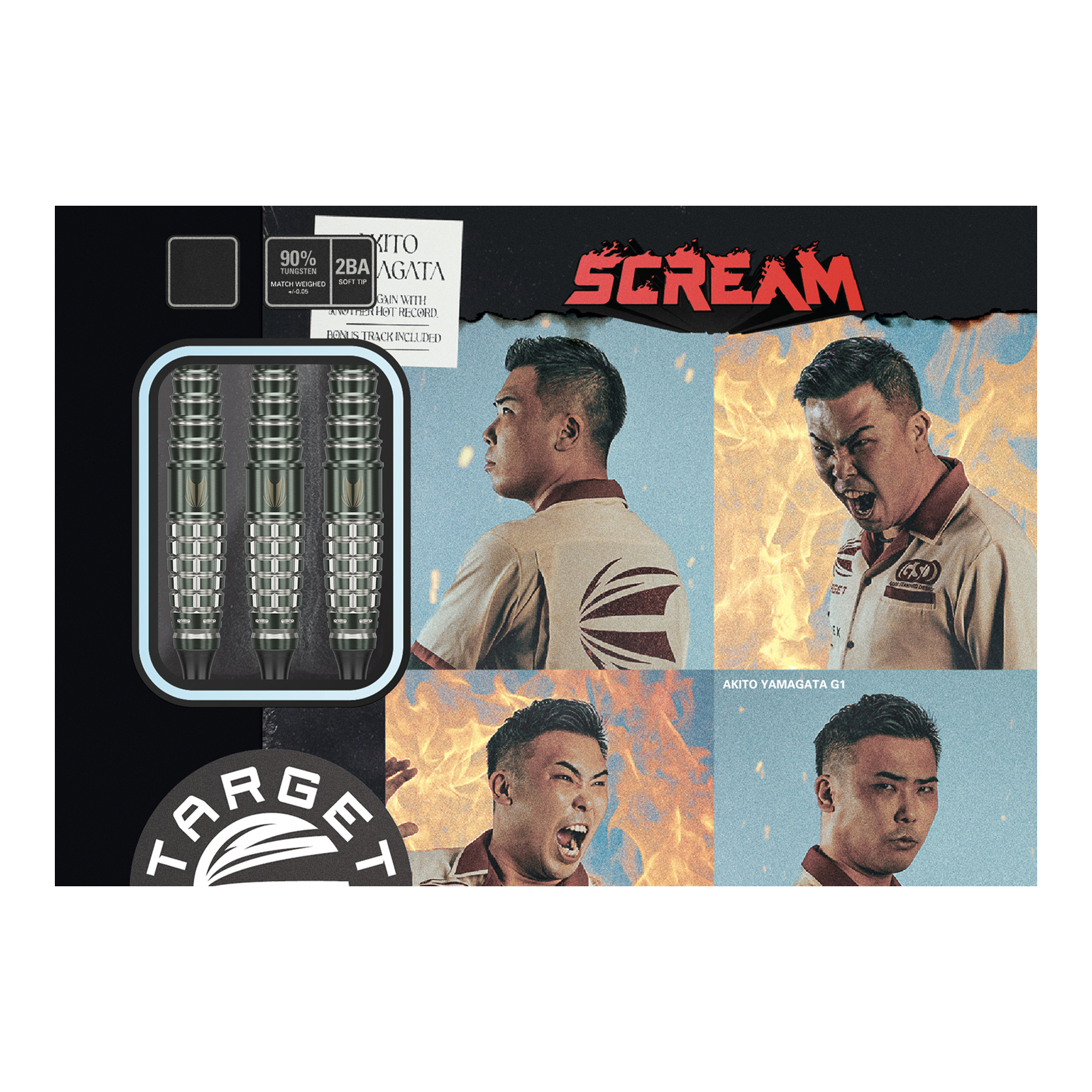 Target Japan Akito Yamagata Scream GEN1 Soft Darts - 19g Das Bild zeigt die Verpackung der Target Japan Akito Yamagata Scream GEN1 Softdarts - 19g. Auf der Verpackung sind drei Darts sowie vier ausdrucksstarke Porträtfotos einer Person zu sehen.