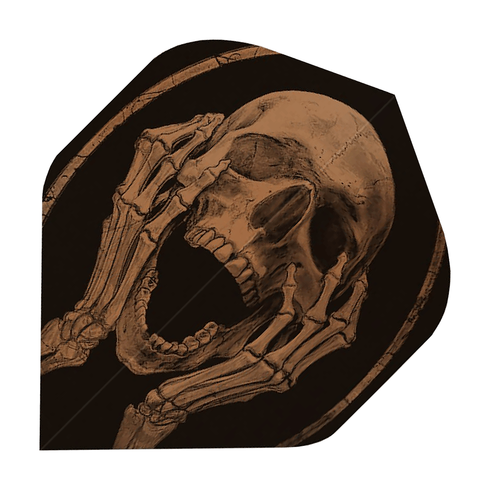 ALC19_Alchemy_The_Scream_Standard_Flights_1 Das Bild zeigt eine Dart-Flightscheibe mit dem Motiv eines schreienden Schädels. Die Grafik ist in dunklen Tönen gehalten und wirkt mystisch und eindrucksvoll.