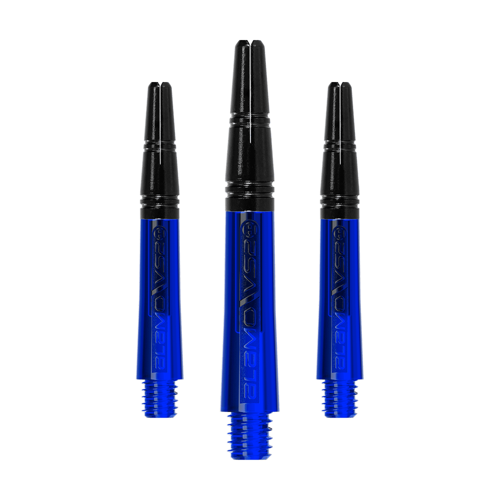 Harrow's Alamo VS2 Shafts - Blue Das Bild zeigt drei blaue Dartschäfte mit schwarzem oberen Teil. Sie sind nebeneinander angeordnet und haben ein glänzendes Design.