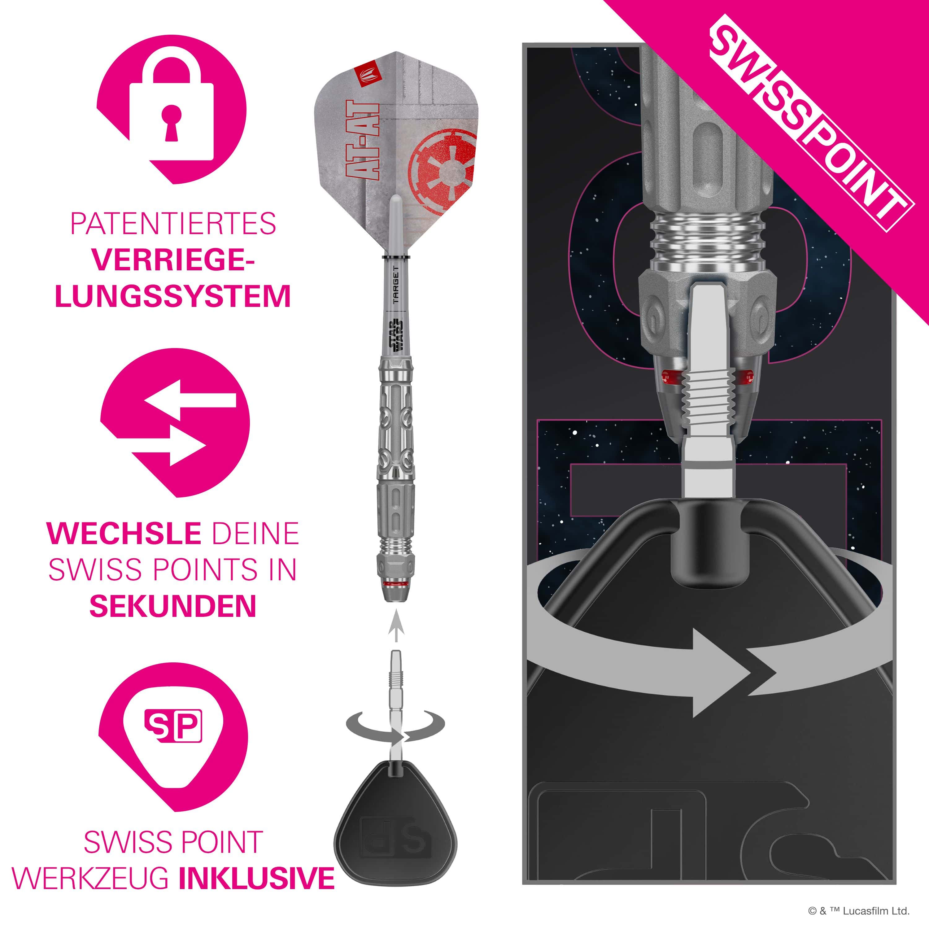Target Star Wars AT-AT Swiss Point steel darts Hier sind die Target Star Wars AT-AT Swiss Point Steeldarts abgebildet. Die Darts haben ein einzigartiges Design aus dem Star Wars Universum.