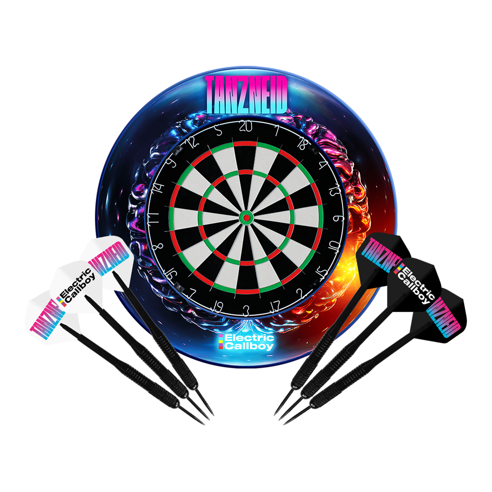 Electric Callboy Tanzneid Steel Dartboard and Surround Bundle Gezeigt wird das Electric Callboy Tanzneid Steeldartboard und Surround Bundle. Das Set beinhaltet eine Dartscheibe und Umrandung.