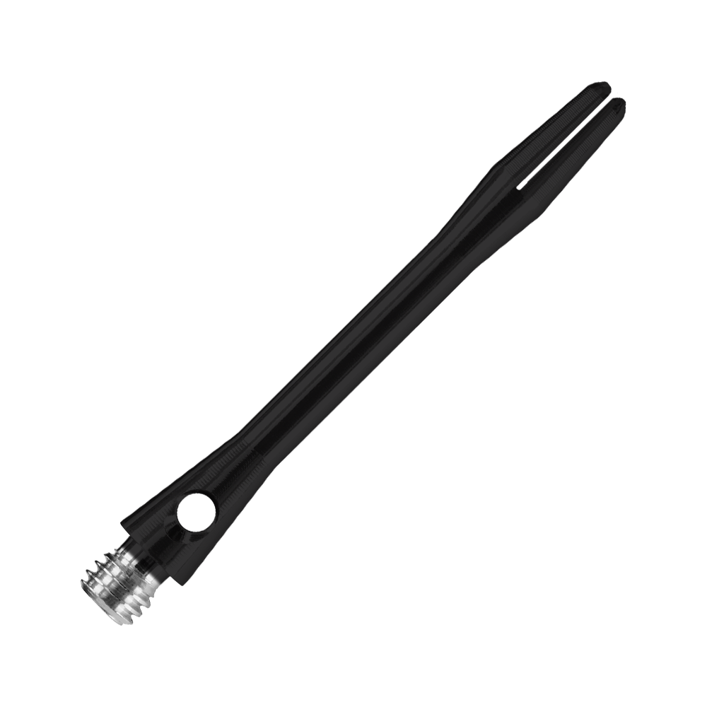HR367_Harrows_Keramic_Shafts_Schwarz_41mm_2 Das Bild zeigt einen Harrows Keramic Shaft in mattem Schwarz. Der Schaft hat ein schlankes Design mit einem silbernen Gewinde am unteren Ende.