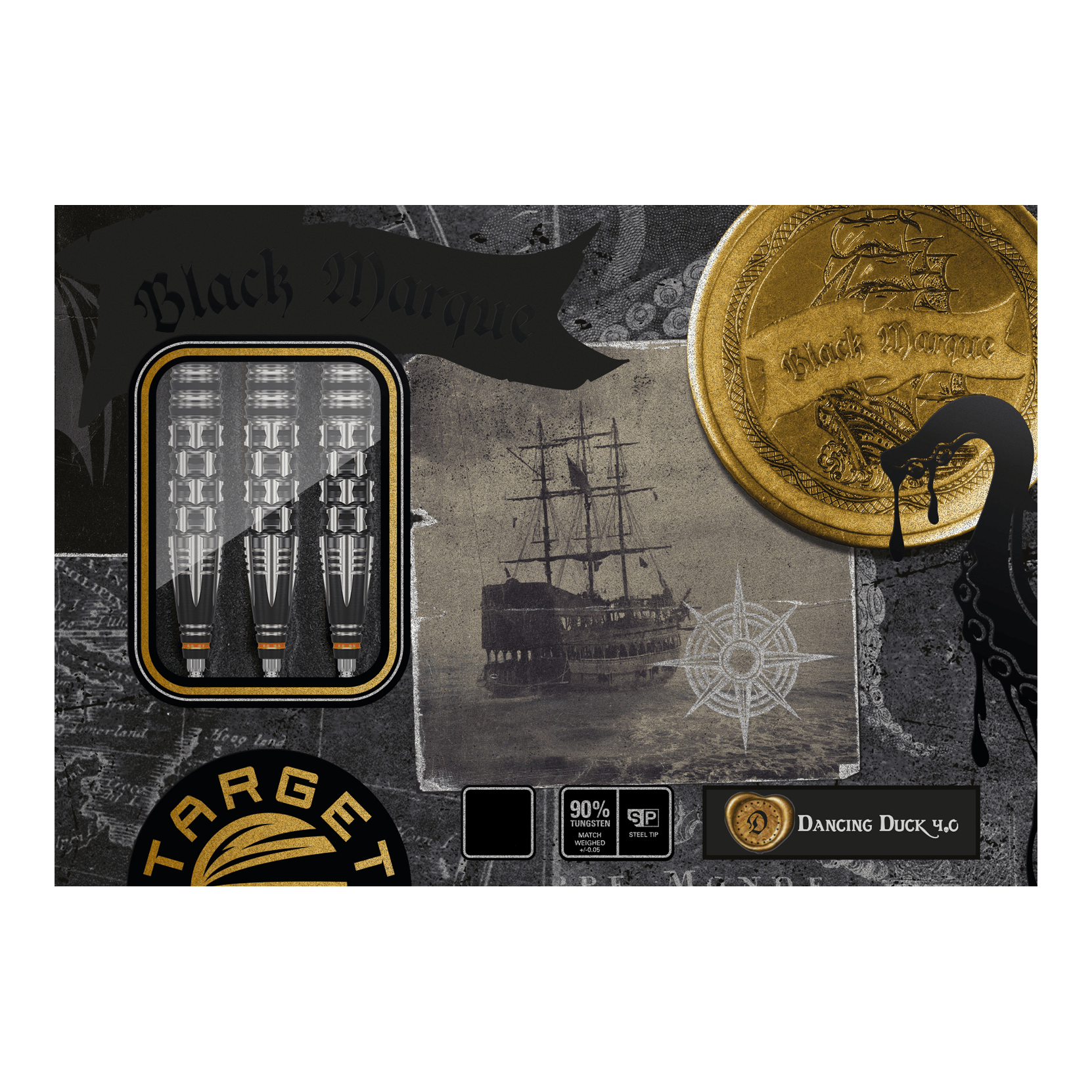 Target Japan Black Marque Dancing Duck GEN 4 steel darts Die Abbildung zeigt die Verpackung der "Target Japan Black Marque Dancing Duck GEN 4 Steeldarts". Auf der Verpackung sind drei Darts, ein Schiff und ein goldener Münzen-Print zu sehen.