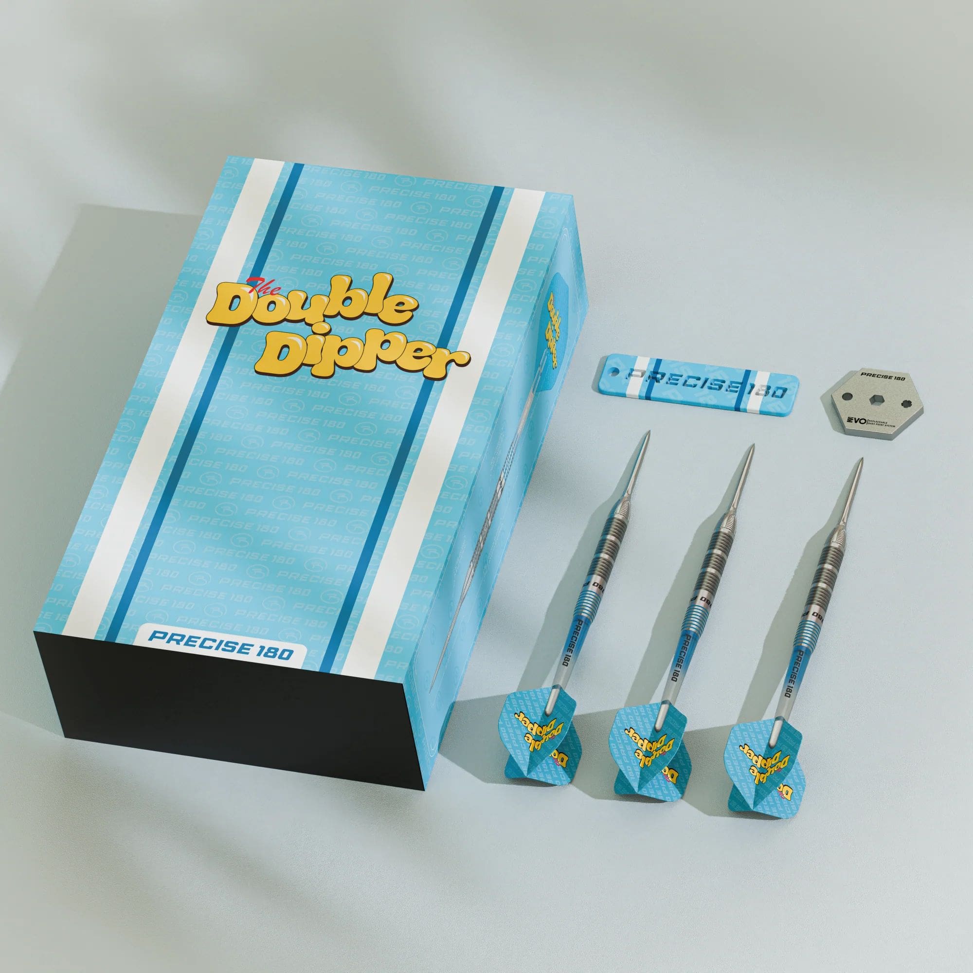 Das Bild zeigt die Precise 180 Bela Schugmann Double Dipper V1 Steeldarts. Diese Dartpfeile sind optimal für fortgeschrittene Dartspieler.