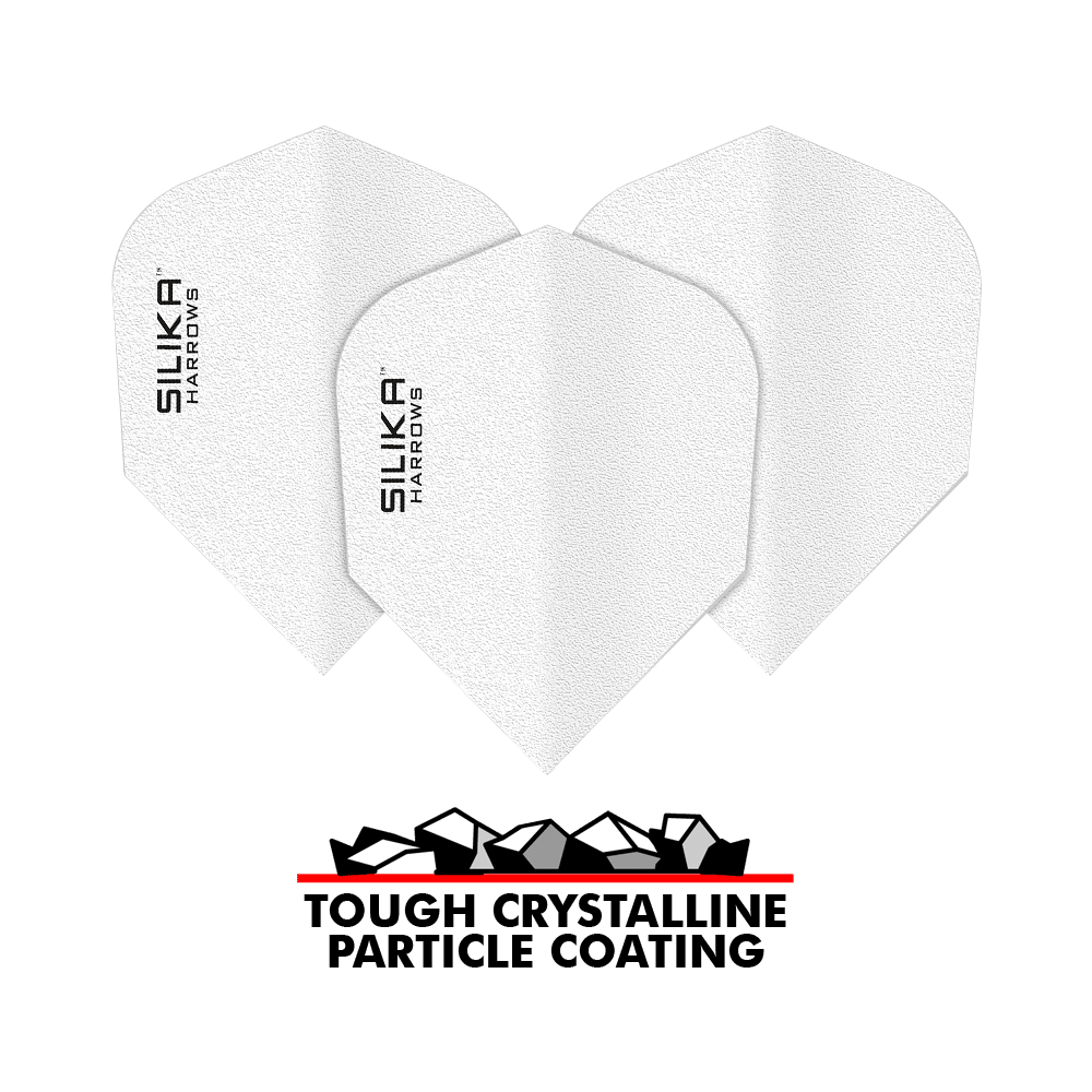 Harrows Silica Solid Tough Crystalline Coating White No6 Flights Das Bild zeigt drei weiße Dartflights mit der Aufschrift "SILIKA HARROWS". Darunter steht "TOUGH CRYSTALLINE PARTICLE COATING" zusammen mit einer grafischen Darstellung von Kristallen.