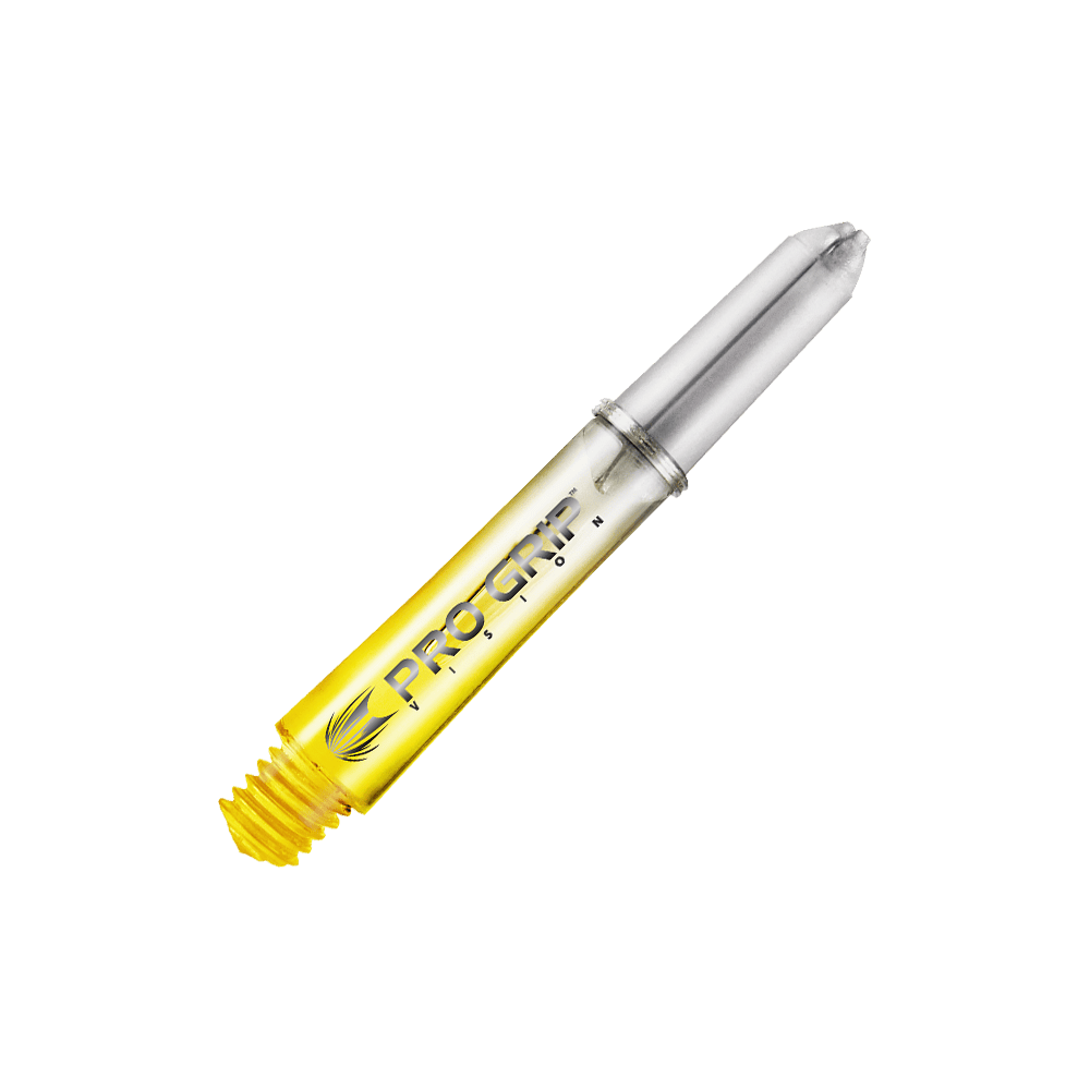 Target Pro Grip Vision Shafts - 3 Sets - Yellow Das Bild zeigt einen gelben Dart-Schaft mit der Aufschrift "Pro Grip Vision". Der Schaft ist durchsichtig und hat ein modernes Design.
