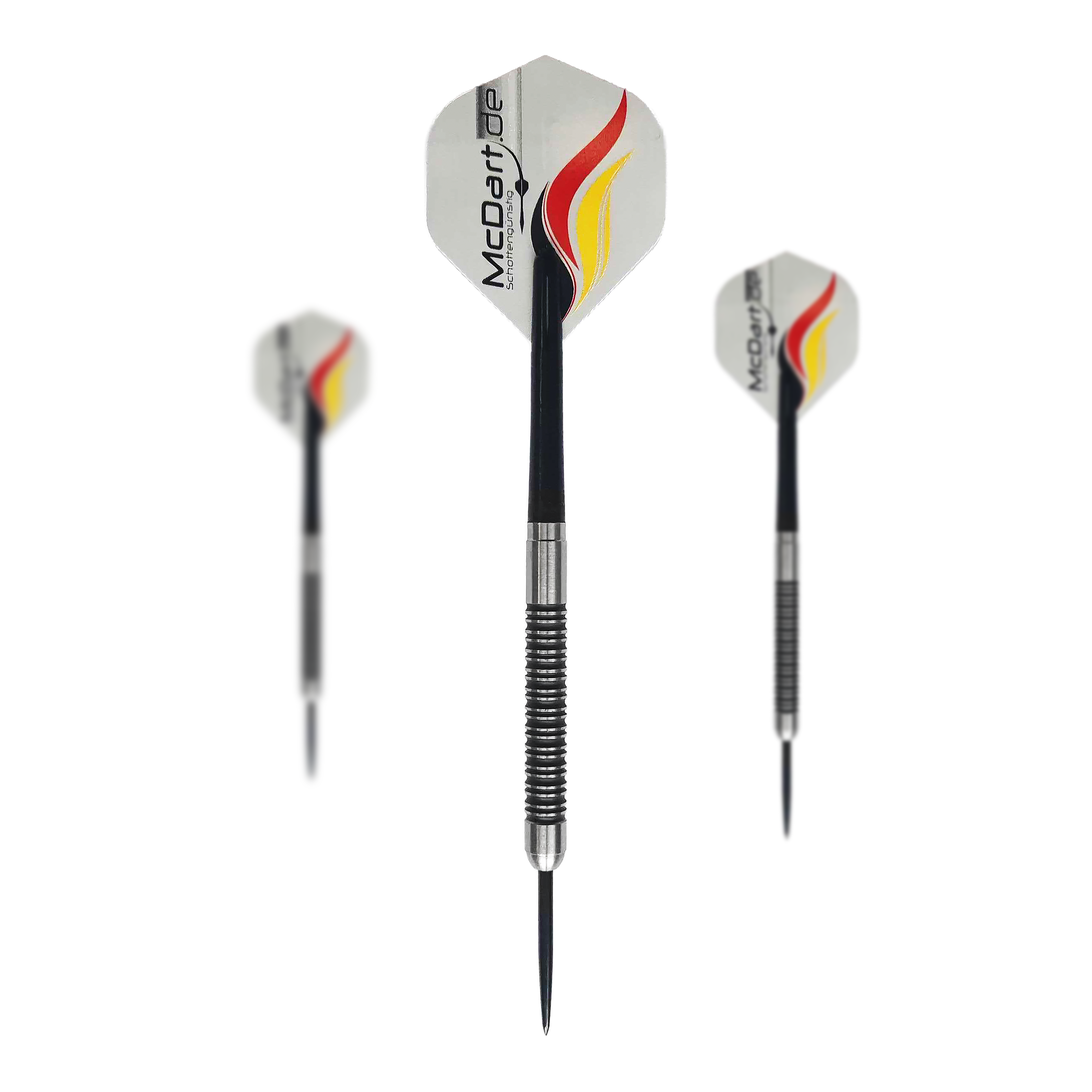 Ein Set McDart Super Grip Steeldarts ist vollständig abgebildet. Die verschiedenen Teile sind übersichtlich angeordnet.