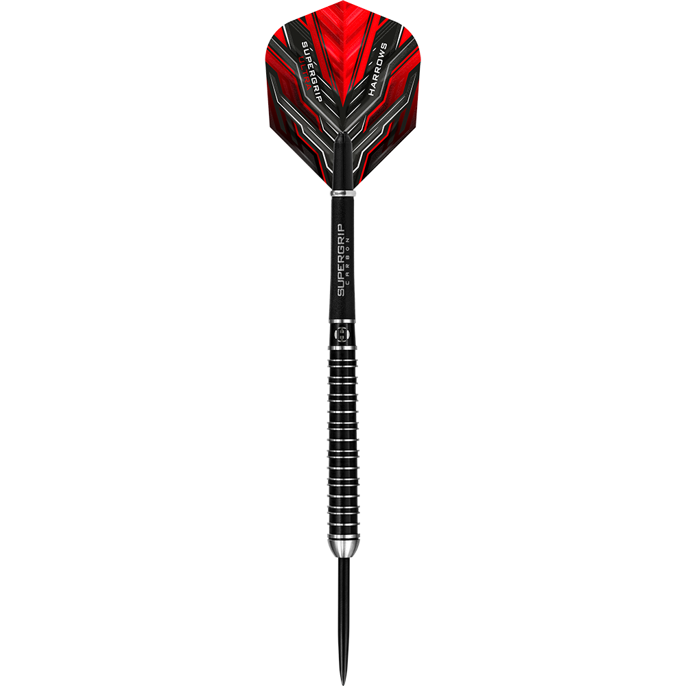 HA25176_Harrows_Supergrip_Ultra_Steeldarts_1VJA8FKE4i0pYg Das Bild zeigt einen Harrows Supergrip Ultra Steeldart. Der Dart hat ein auffälliges rotes Flight-Design und einen schwarzen, gerillten Barrel.