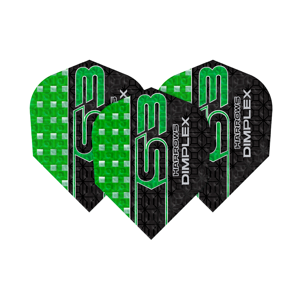 Harrows Dimplex S3 Flights - Green Mehrere Harrows Dimplex S3 Flights - No6 liegen als Set nebeneinander. Die Flächen sind gleichmäßig geformt.