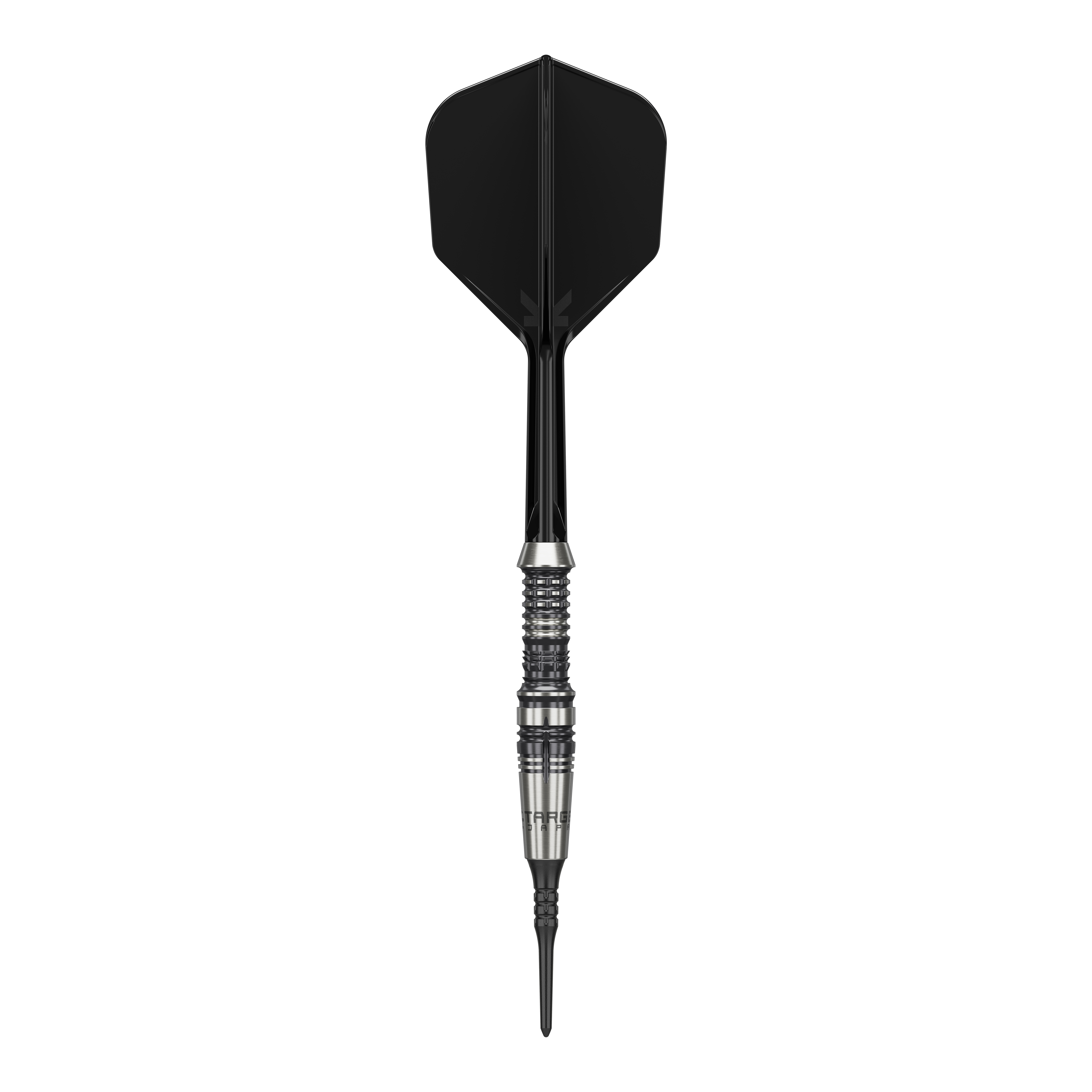Target Japan Black Marque Heracles Soft Darts - 18g Das Bild zeigt einen Softdart der Marke 'Target Japan Black Marque Heracles' mit einem Gewicht von 18g. Der Dart hat ein elegantes Design mit schwarz-silbernem Barrel und schwarzer Spitze sowie Flight.