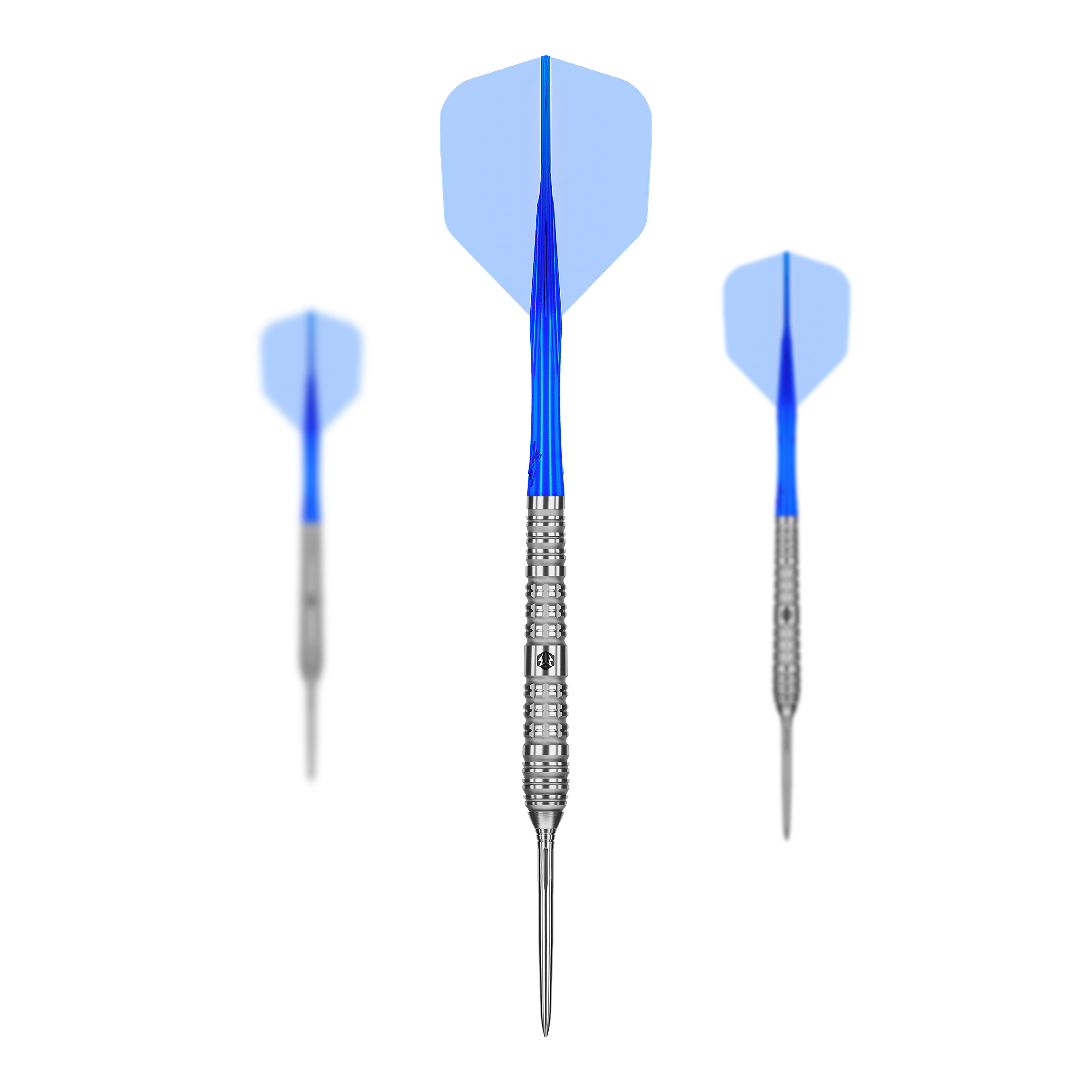 Das Foto zeigt die Caliburn Rix EZ-EVO R4 Steeldarts als Set. Der Fokus liegt auf dem Aussehen und der Anordnung der Darts.