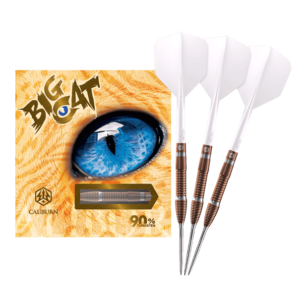 Caliburn Big Cats Lion steel darts Das Bild zeigt ein vollständiges Set Caliburn Big Cats Lion Steeldarts. Die Darts sind in voller Länge sichtbar.