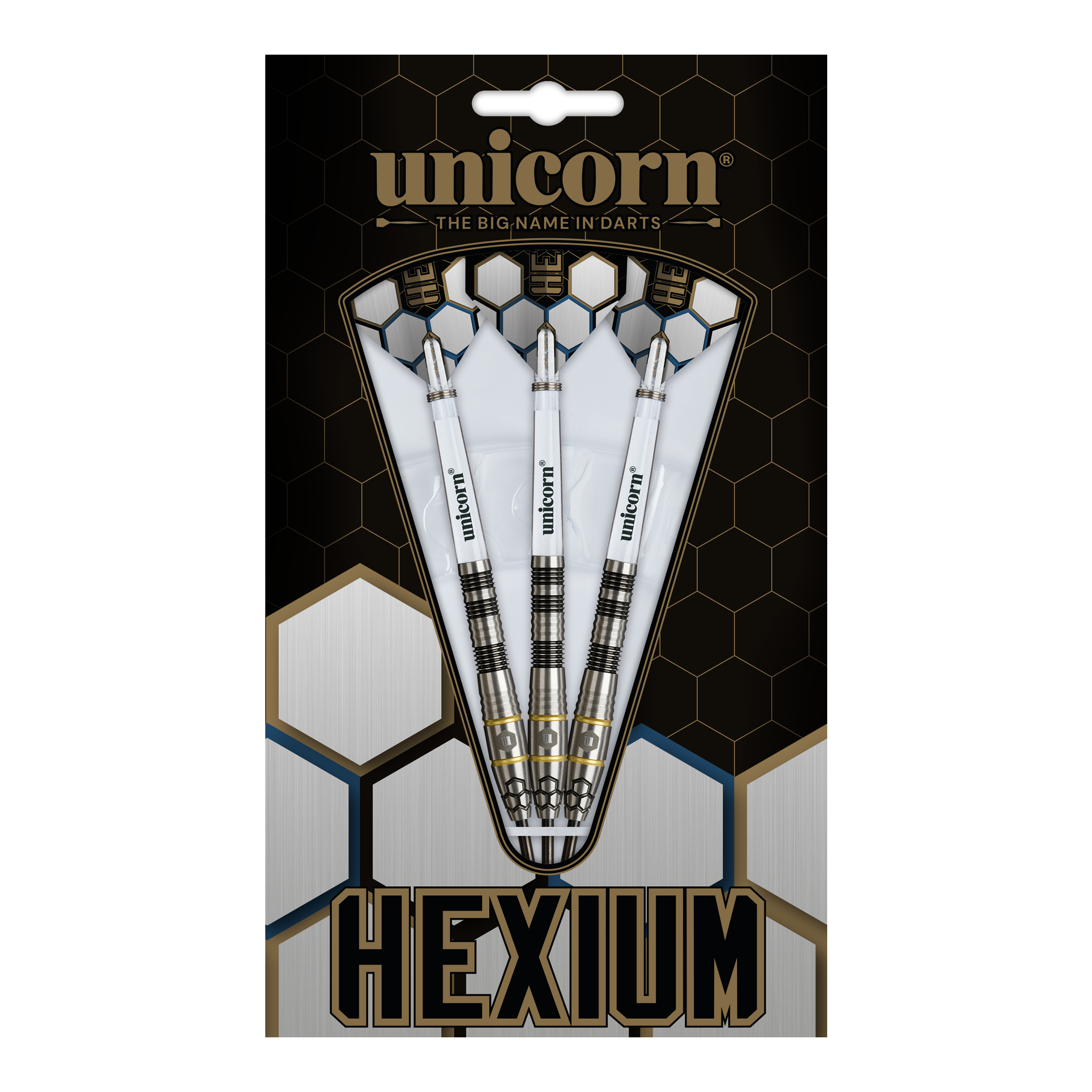 Unicorn Hexium Style 01 Black & Gold Steeldarts sind auf diesem Bild abgebildet. Die Abbildung zeigt die schwarzen und goldenen Steeldarts in Nahaufnahme.