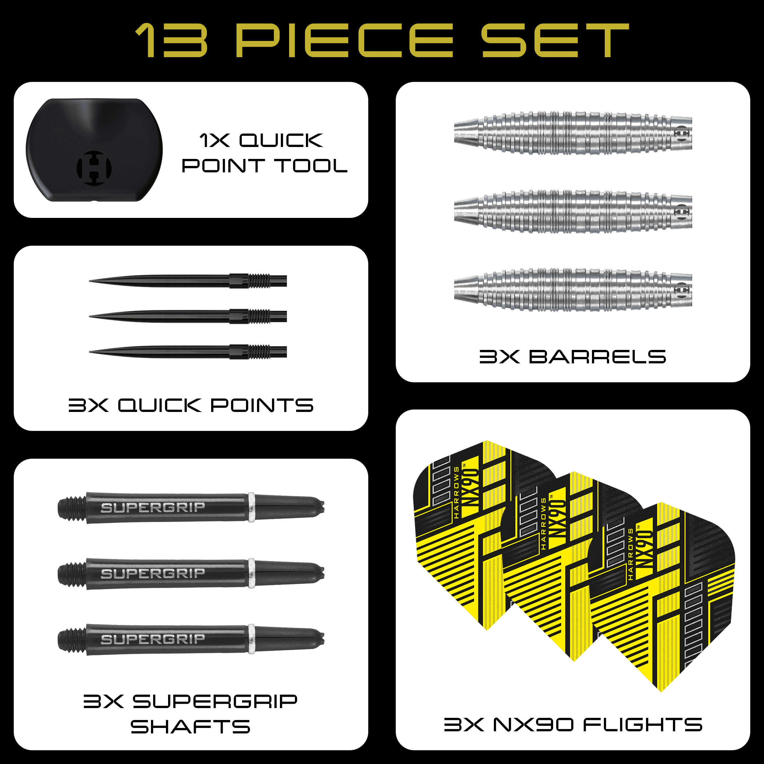 Harrows NX90 Bomb Quick Point Steel Darts Das ist ein Bild der Harrows NX90 Bomb Quick Point Steeldarts. Sie eignen sich besonders für Präzisionswürfe beim Dartspiel.
