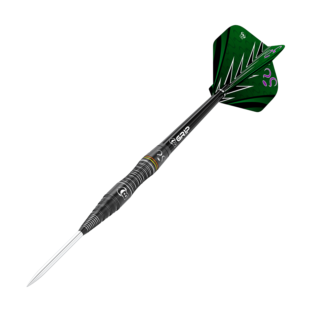 Bulls Brian Raman The Riddler Steeldarts Das Bild zeigt einen modernen Steeldartpfeil mit schwarzem Schaft und silberner Spitze. Die Flights sind grün mit auffälligen schwarzen und weißen Mustern sowie lila Details.
