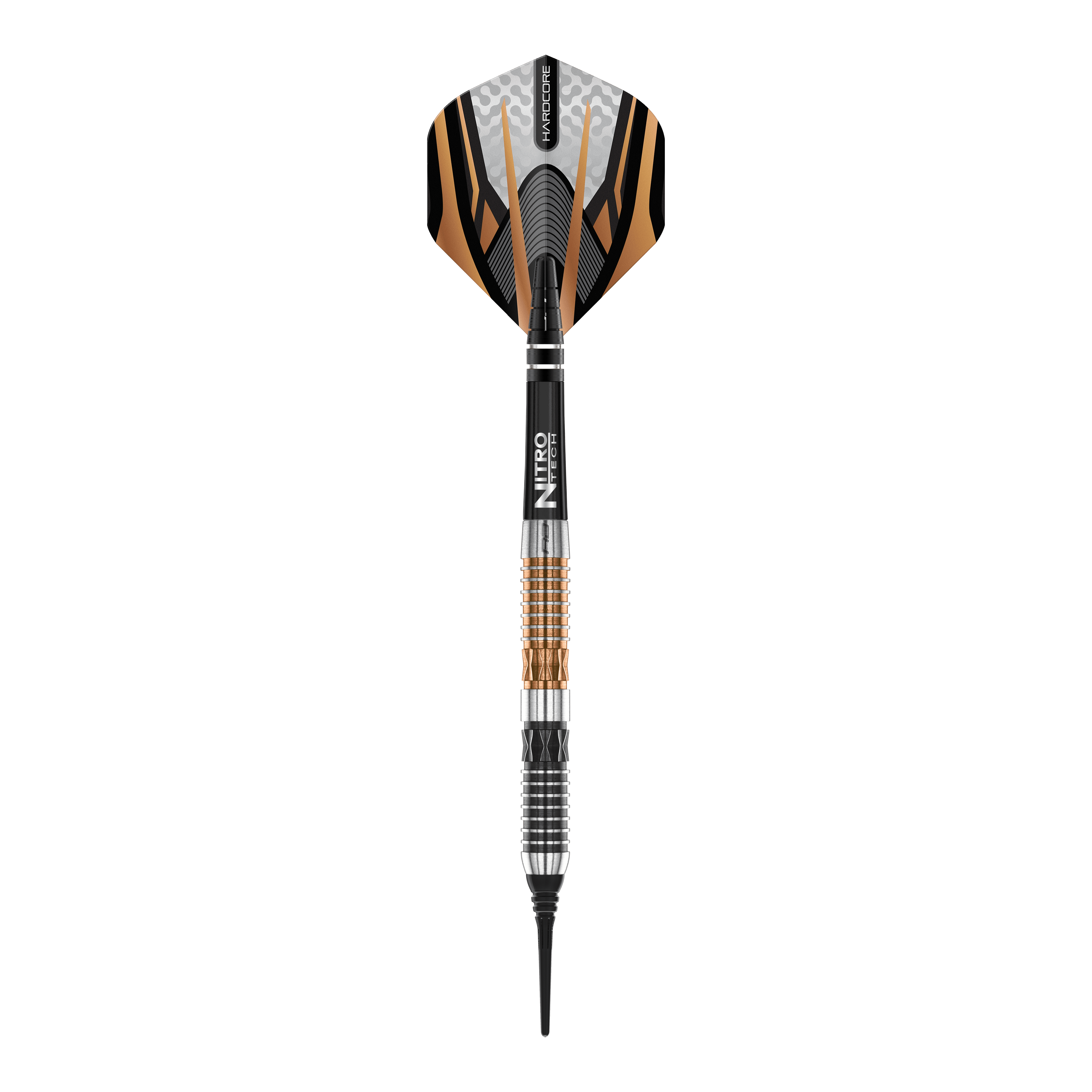 Red Dragon Panterra soft darts - 20g Das Bild zeigt einen Red Dragon Panterra Softdart mit einem Gewicht von 20g. Der Dart hat ein markantes Design mit schwarzen, goldenen und silbernen Elementen.