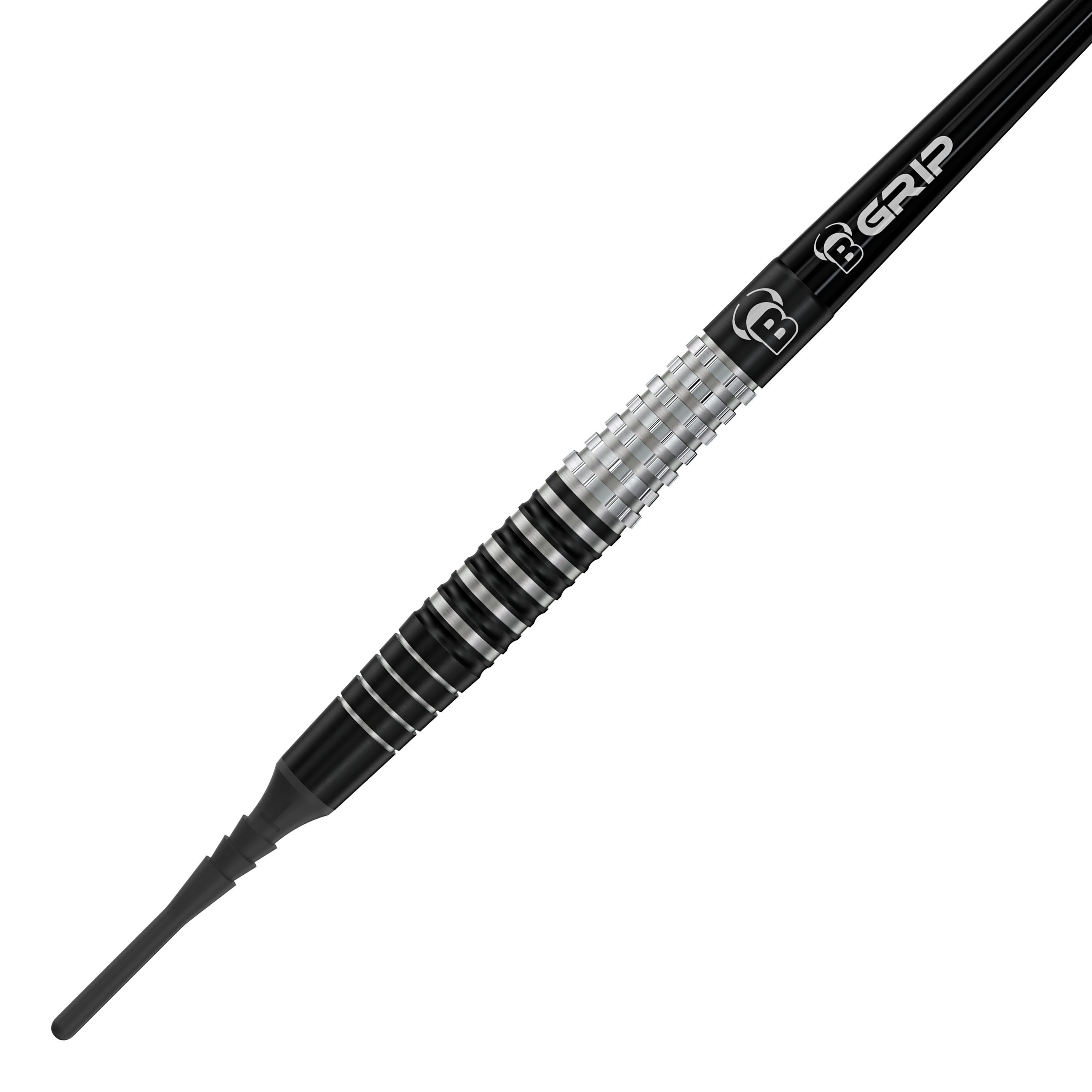 Bulls Martin Schindler Original Generation 3 soft darts Das Bild zeigt den Softdart "Bulls Martin Schindler Original Generation 3". Der Dartpfeil hat ein stilvolles Design mit schwarzen und silbernen Rillen am Griff.