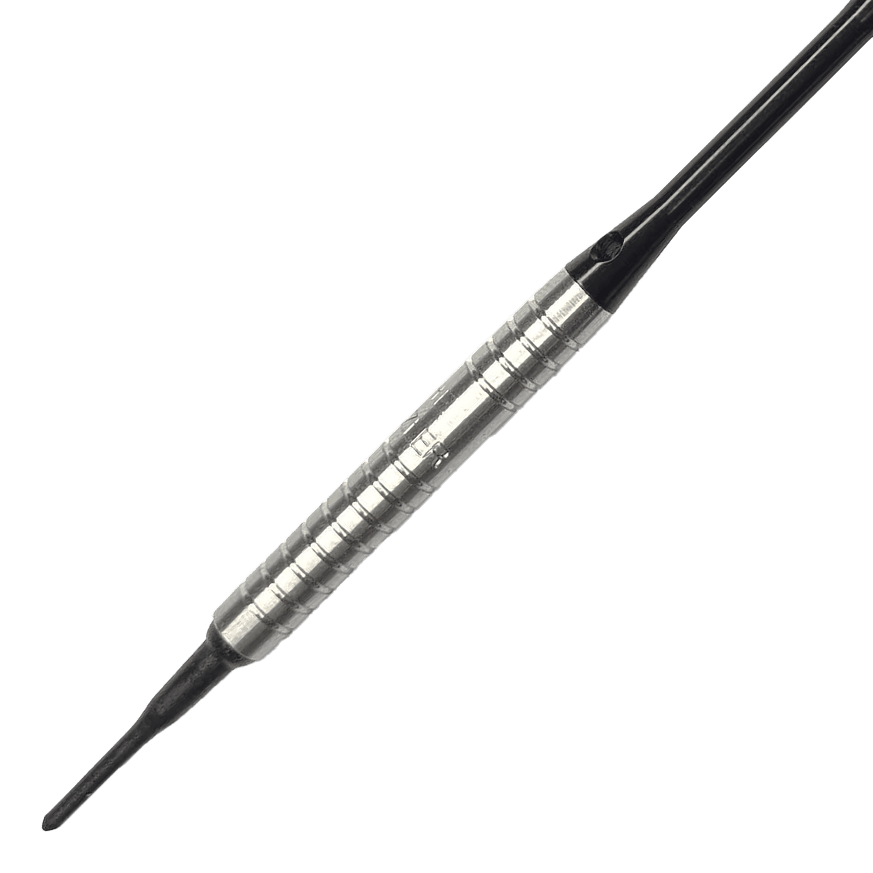 McDart 85 Tungsten V16 soft darts - 16.5g Das Bild zeigt einen McDart 85er Tungsten V16 Softdart mit einem Gewicht von 16,5 Gramm. Der Dartpfeil hat einen silbernen, geriffelten Schaft und eine schwarze Spitze.