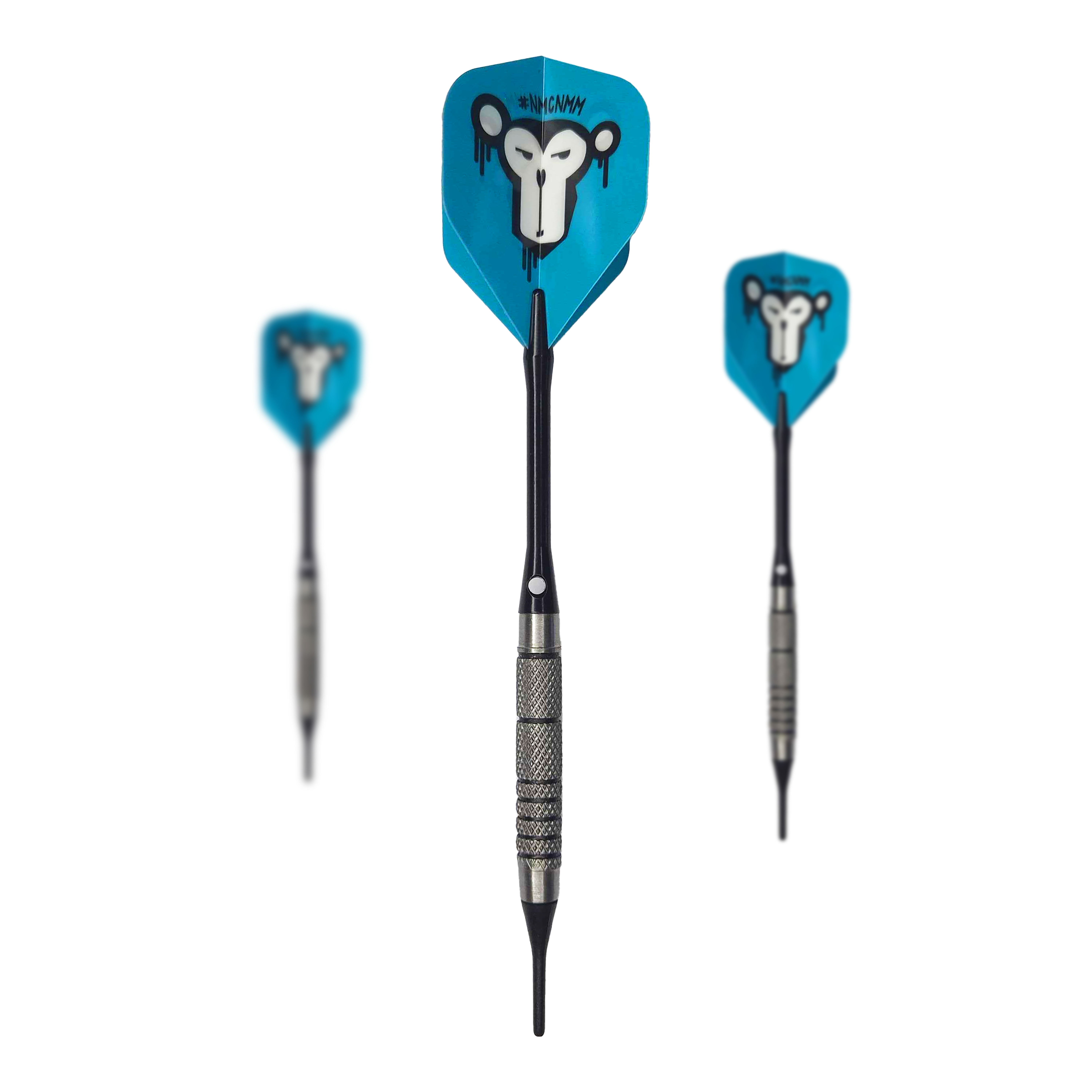 McDart 85 Tungsten V10 Soft Darts - 17.5g Das Bild zeigt drei Softdarts des Modells "McDart 85er Tungsten V10" mit einem Gewicht von 17,5g. Die Flights der Darts sind blau und mit einem Affenkopf-Motiv bedruckt.