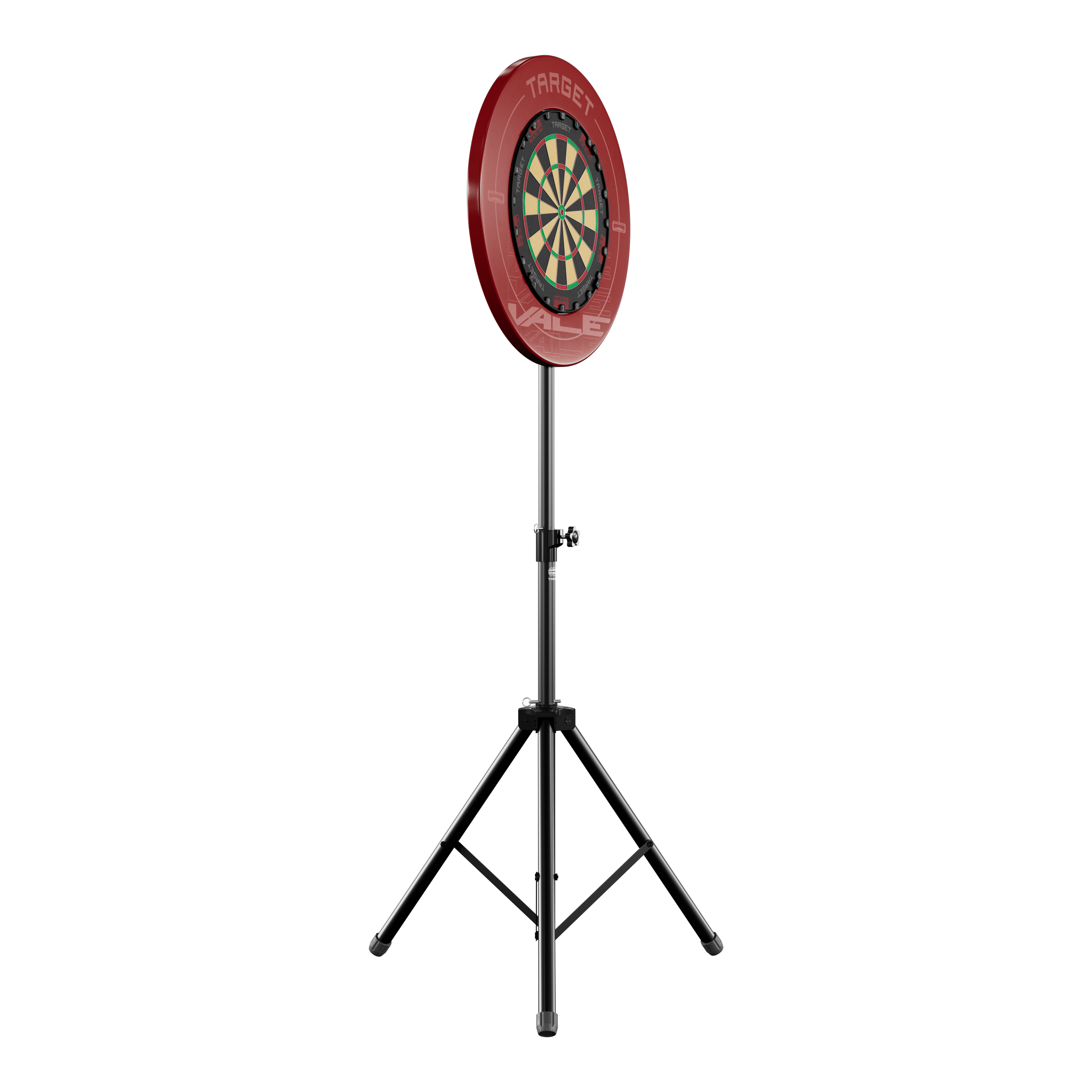 Target Dartboard Stand Das Bild zeigt einen Dartboard-Ständer mit einer runden Dartscheibe und rotem Auffangring. Der Ständer hat drei stabile Beine und ist höhenverstellbar.
